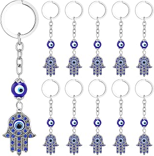 10 Pieces Hamsa Hand Keychain Evil Eye Silver Keychain Fatima Protection Charms Blue Good Luck Key Holder for Attaching to Keys and Bags (10 Pieces)