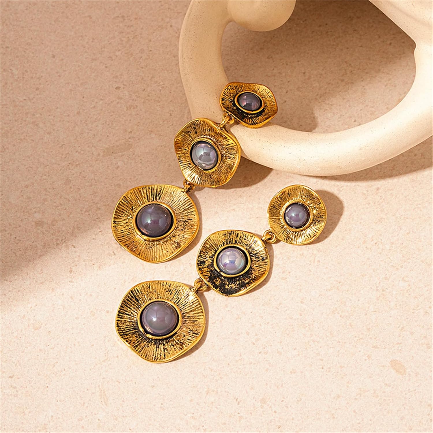 Gold Round Geometric Earrings for Women Boho Gold Pearl Dangle Earrings Handmade Trendy Statement Earrings Vintage Wedding Jewelry Gifts - Image 5