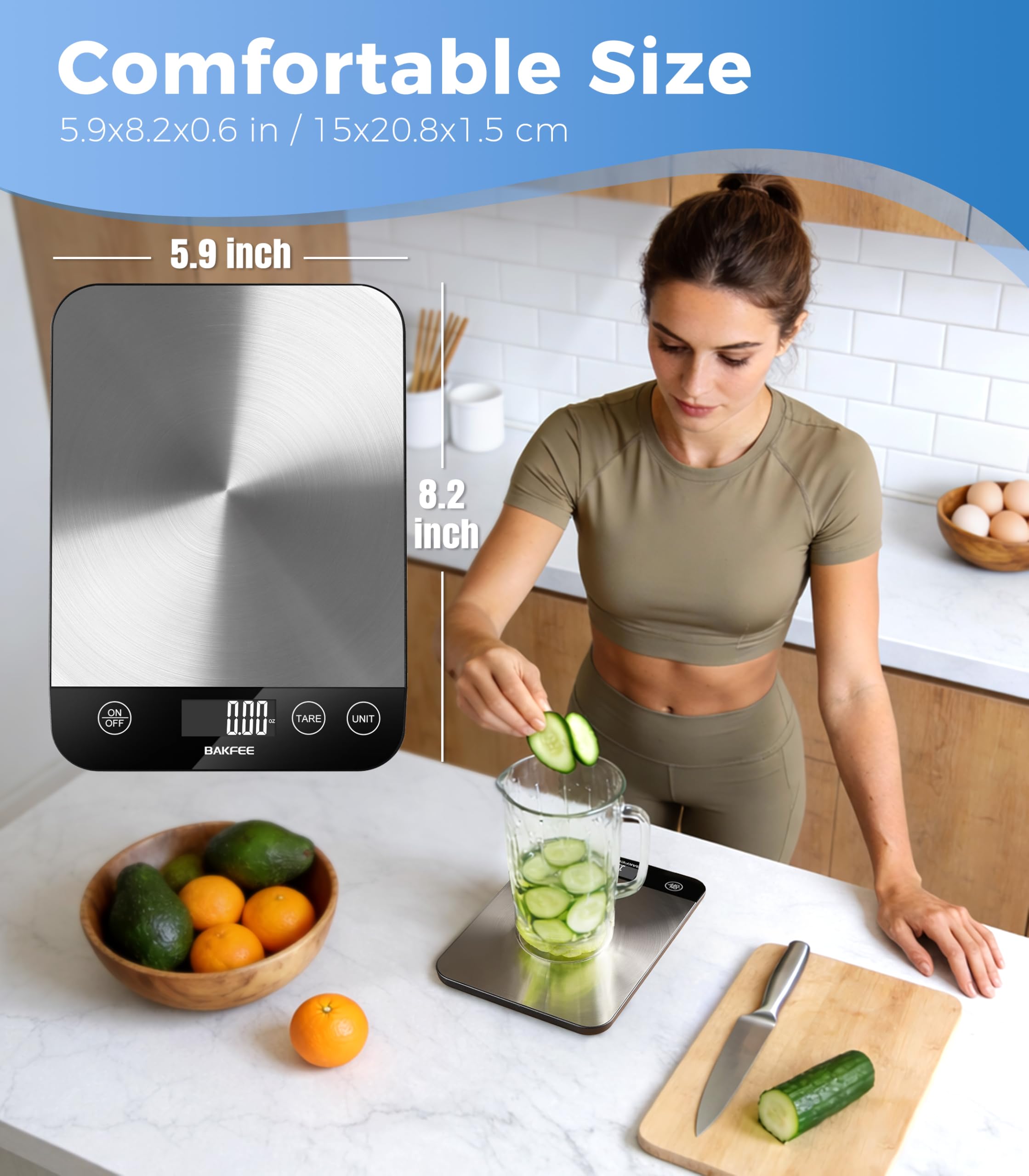 15.0 kg Digitale Küchenwaage, wiederaufladbare Lebensmittelwaage Gramm und Unzen mit Edelstahl, USB-Aufladung, 1 g hohe Genauigkeit zum Backen und Kochen, Essen usw