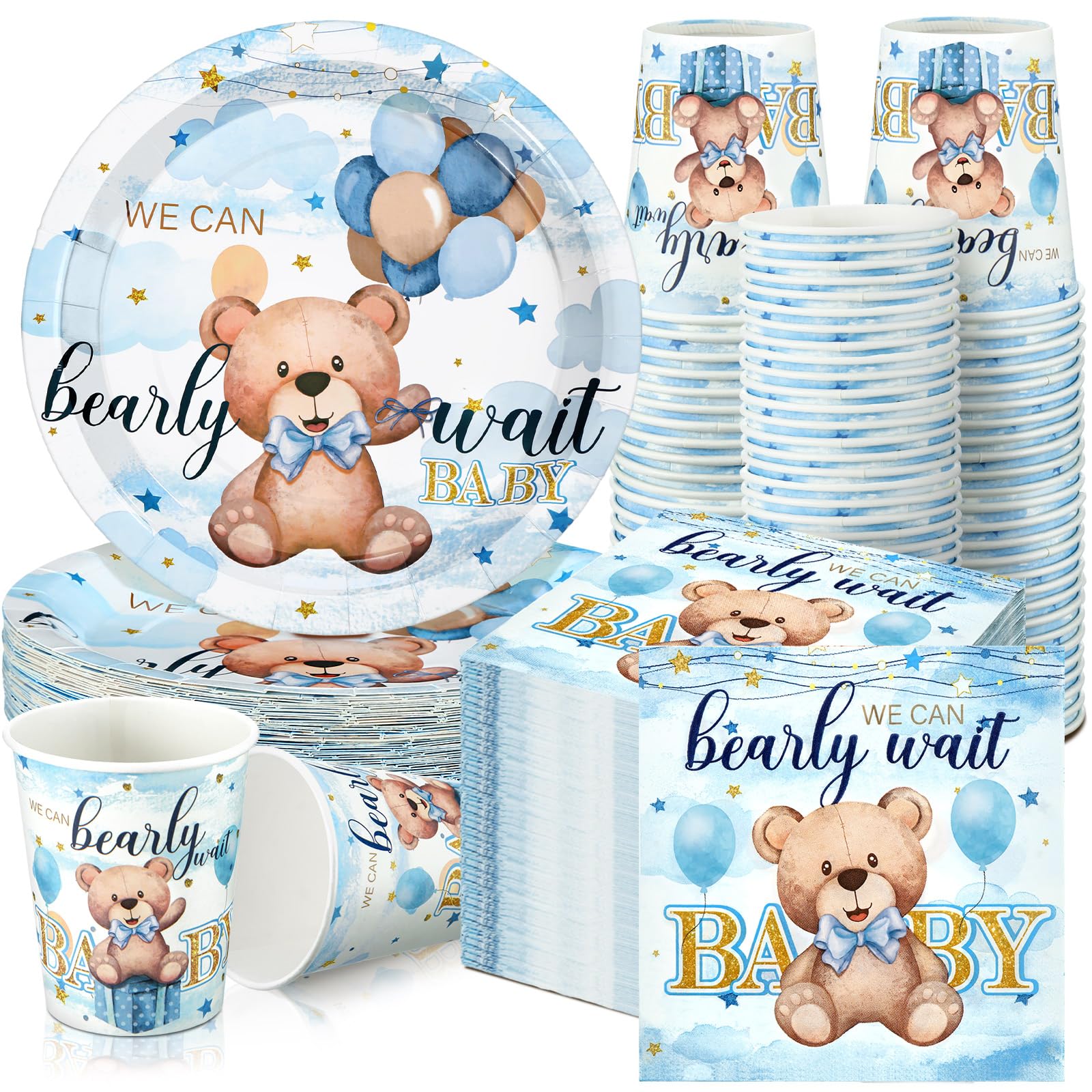 Hushee 200 Pcs Blue Bear Baby Shower Paper Plates Napkins Cups Baby Shower Party Supplies Tableware Set Bear Theme Disposable Cup Napkin for 50 Guest Boy Sets Spring Party Decoration Boy Girl
