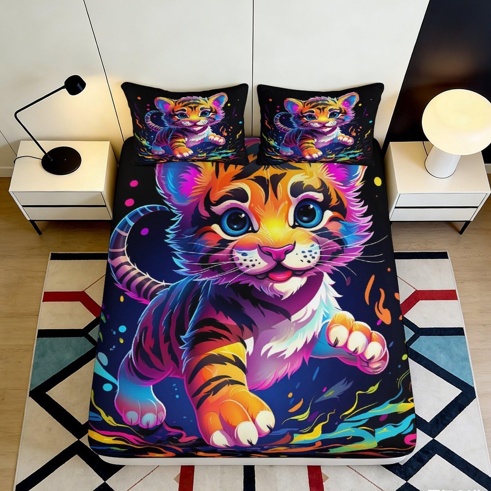3D Printed Vibrant Tiger Cartoon Fitted Sheet Microfiber Anti-Slip Mattress Cover for Bedroom Dorm Decor Easy Care 120x200x25cm