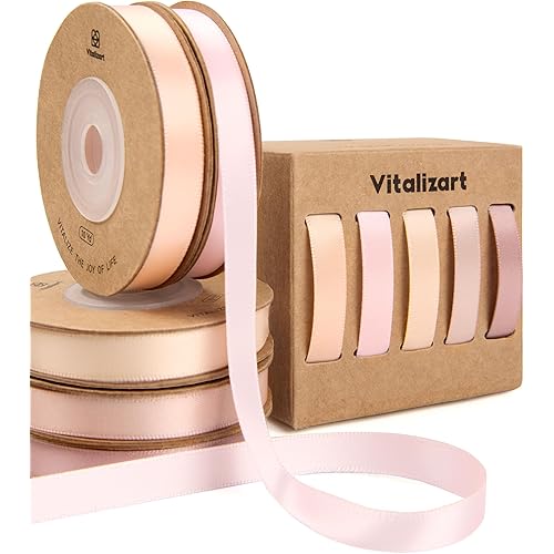 Vitalizart Ribbons for Crafts 3/8" x 50 Yd Satin Ribbon Double Face Gift Wrapping Silk Like Fabric Flower Bouquet Birthday Party Decorations Bridal Shower Wreath Hair Continuous Pink Nude Rose Tan