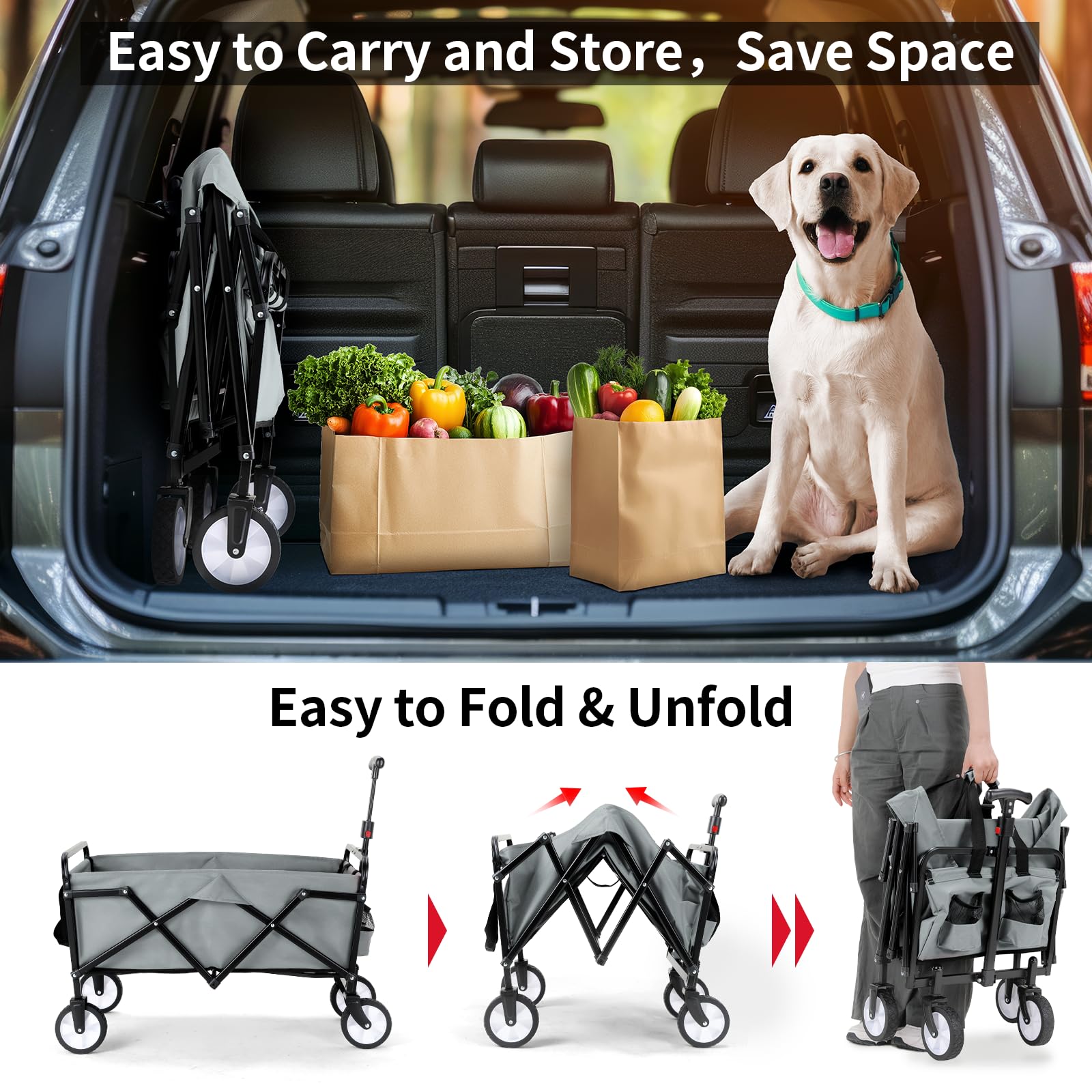 Bollerwagen Faltbar Handwagen All Terrain Räder, Gartenwagen mit Getränkehalter verstellbarem Griff, Transportwagen Klappbar Strandwagen, Gartenkarre, Einkaufswagen, Camping (Grau)