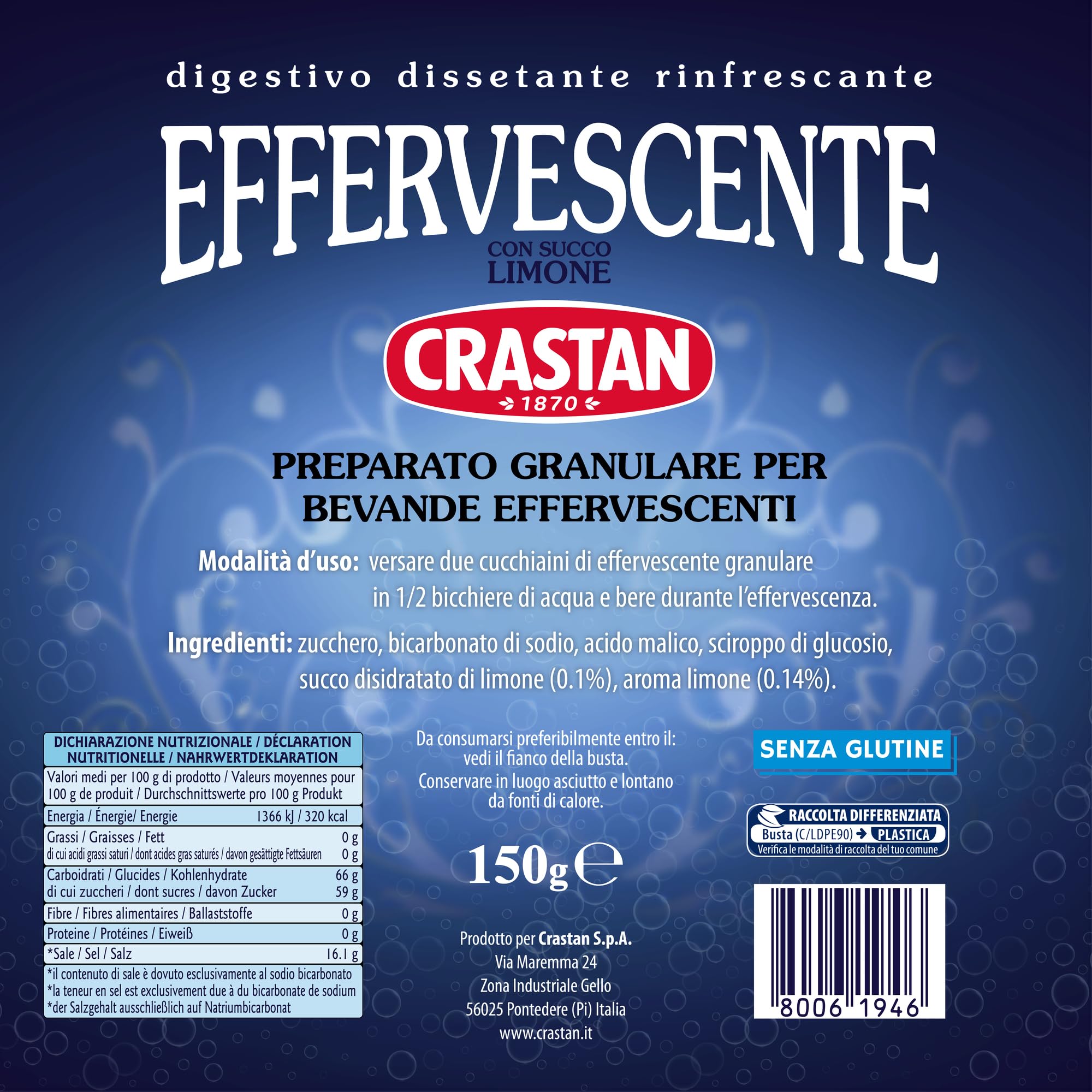 Crastan Preparato granulare per bevanda effervescente, con succo Limone - 12 vasetti da 250g [tot. 3kg]