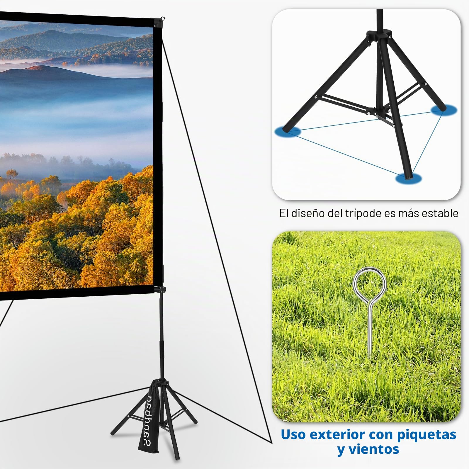 Pantalla de proyección con trípode, pantalla de proyector de 100 pulgadas, portátil para cine al aire libre, sin arrugas 16:9 HD frontal y trasera, proyección de jardín con bolsa de transporte para