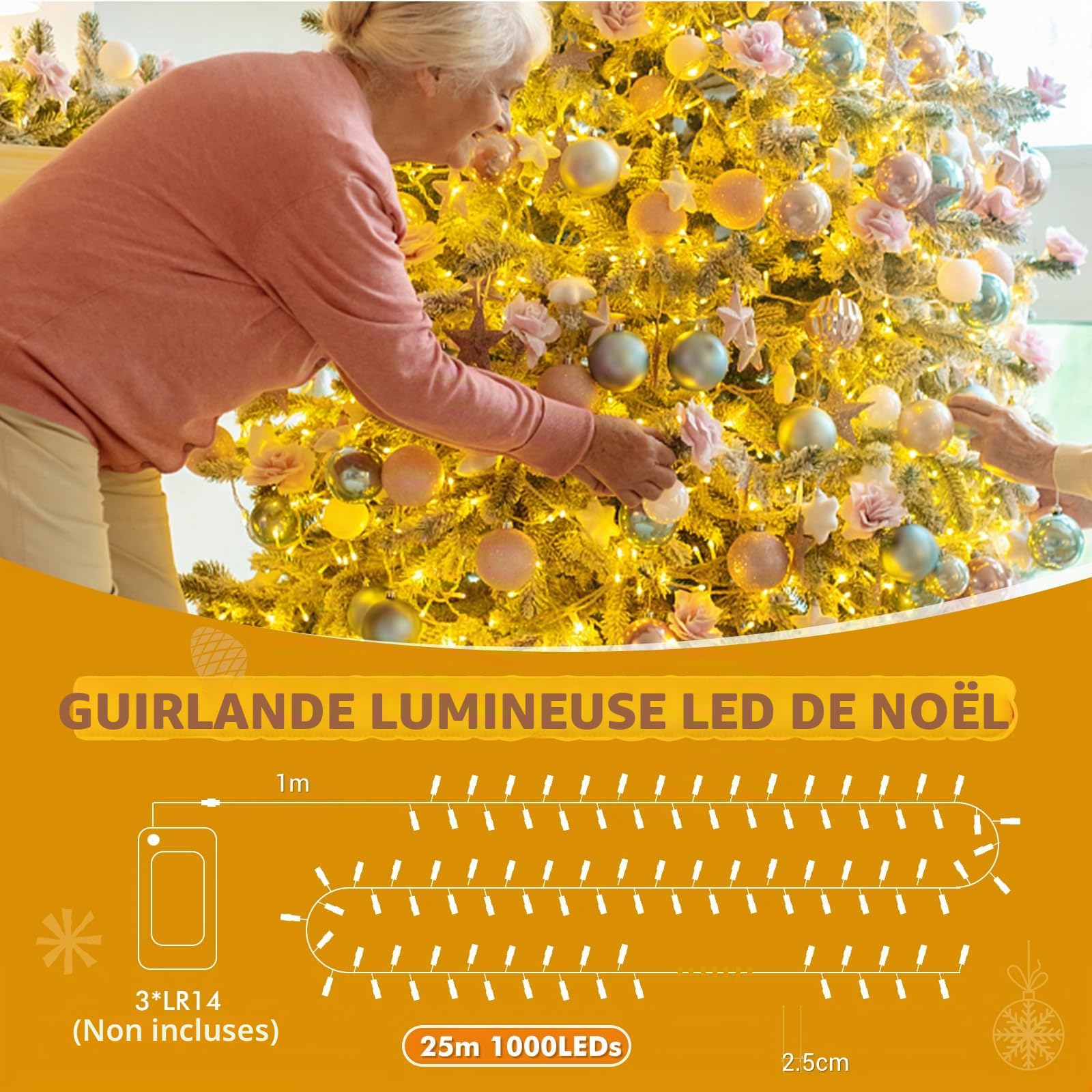GlobaLink 25M Guirlande Lumineuse à Piles, 1000Leds 8 Modes Lumière Sapin de Noël Chronométré IP44 Guirlande Lumineuse Intérieur et Extérieur pour Jardin, Balcon,Terrasses et Arbre de Noël-blanc chaud