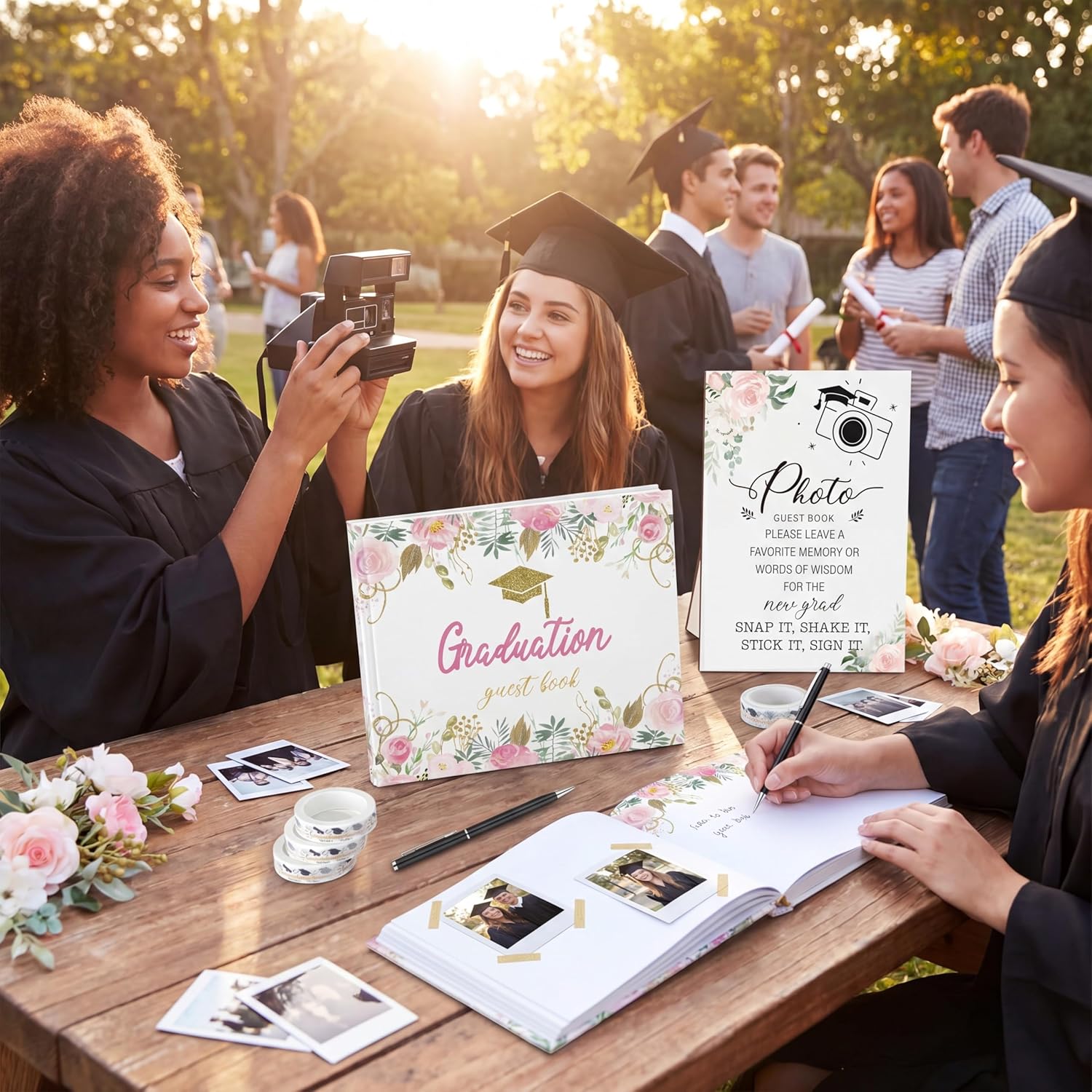 Engrowtic 2026 Graduation Guest Book with Photo Sign Decorations Guest Book Sign 100 Pages Class of 2026 Scrapbook Album DIY Tape Signature Pen for Grad Party(Flower)