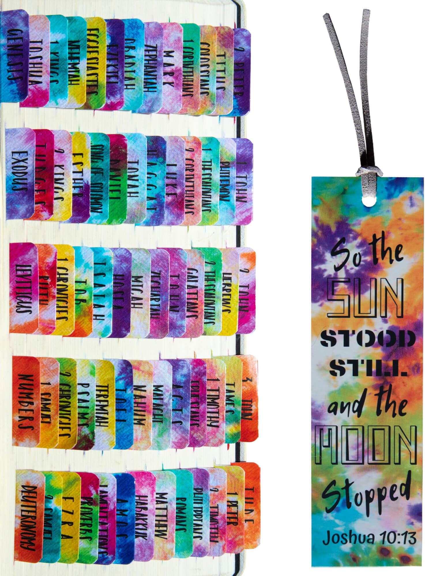 Tie Dye Theme Laminated Bible Tabs (Large Print, Easy to Read), Personalized Bible Journaling Supplies, 120 Bible Index Tabs in Total, 66 Tabs for Old and New Testament, Additional 54 Blank Tabs