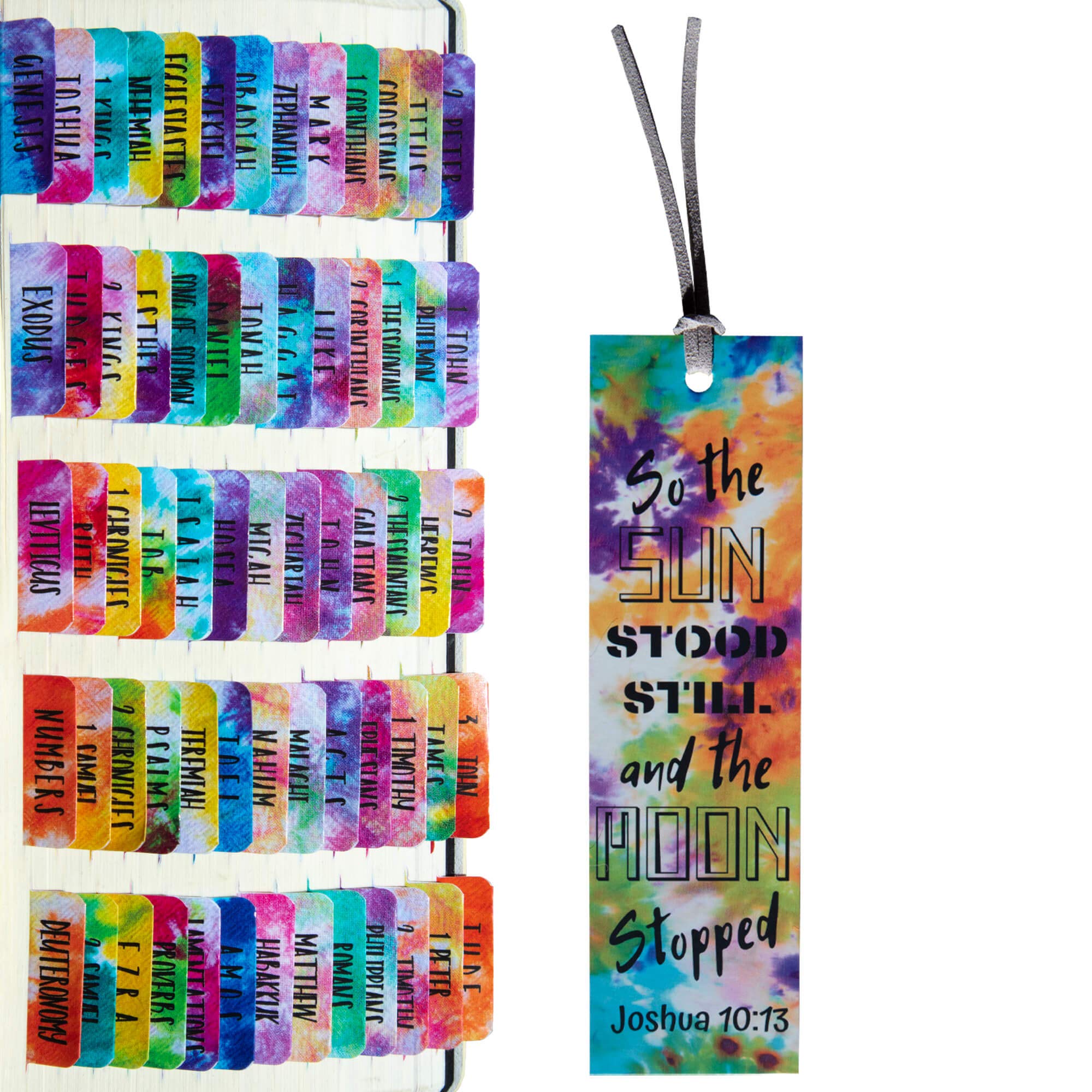 Tie Dye Theme Laminated Bible Tabs (Large Print, Easy to Read), Personalized Bible Journaling Supplies, 120 Bible Index Tabs in Total, 66 Tabs for Old and New Testament, Additional 54 Blank Tabs