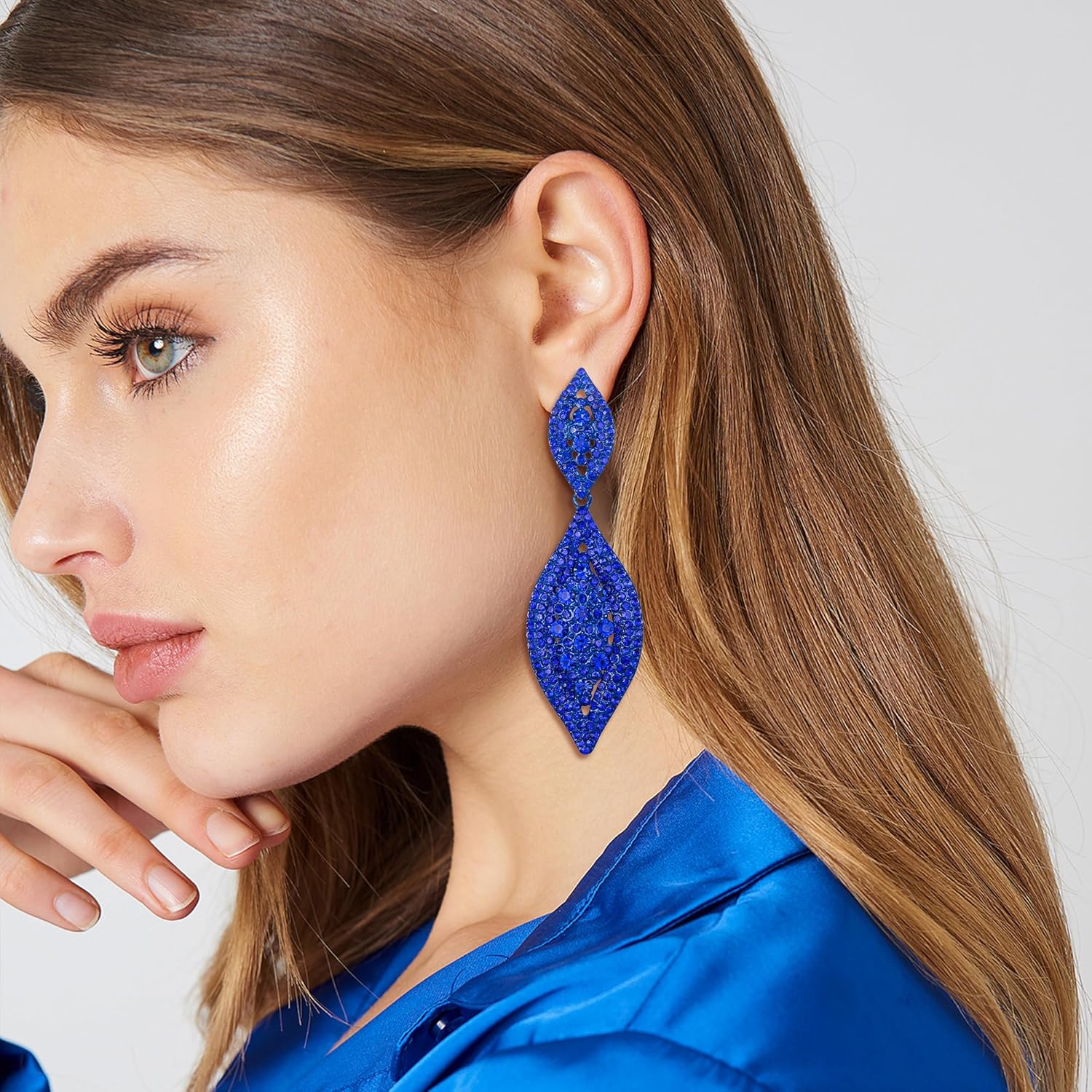 Flyonce Women's Rhinestone Crystal Wedding Bridal 2 Leaf Drop Dangle Chandelier Earrings - Image 2