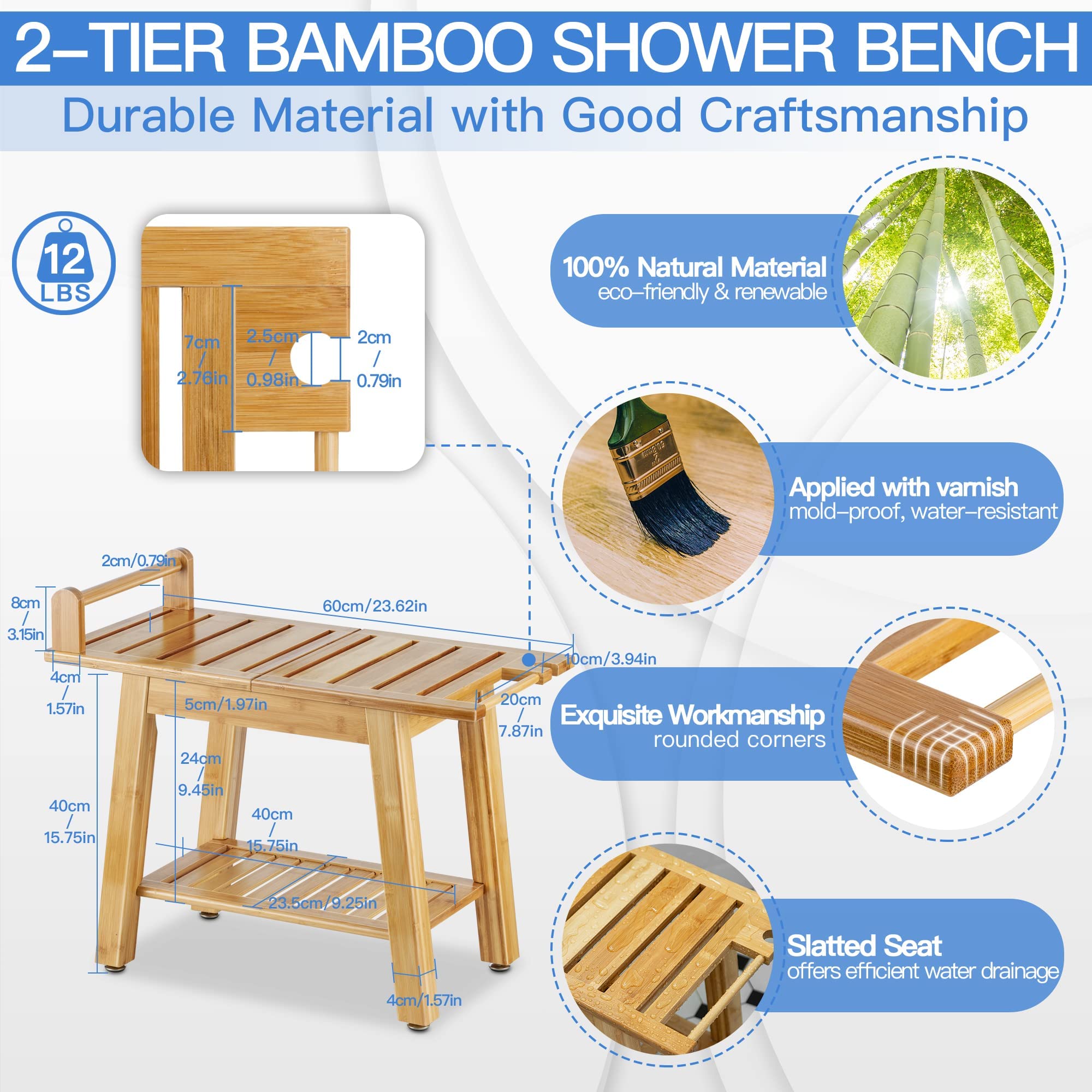 ETECHMART 2Tier Bamboo Shower Bench, 24 Inch Spa Stool with Storage