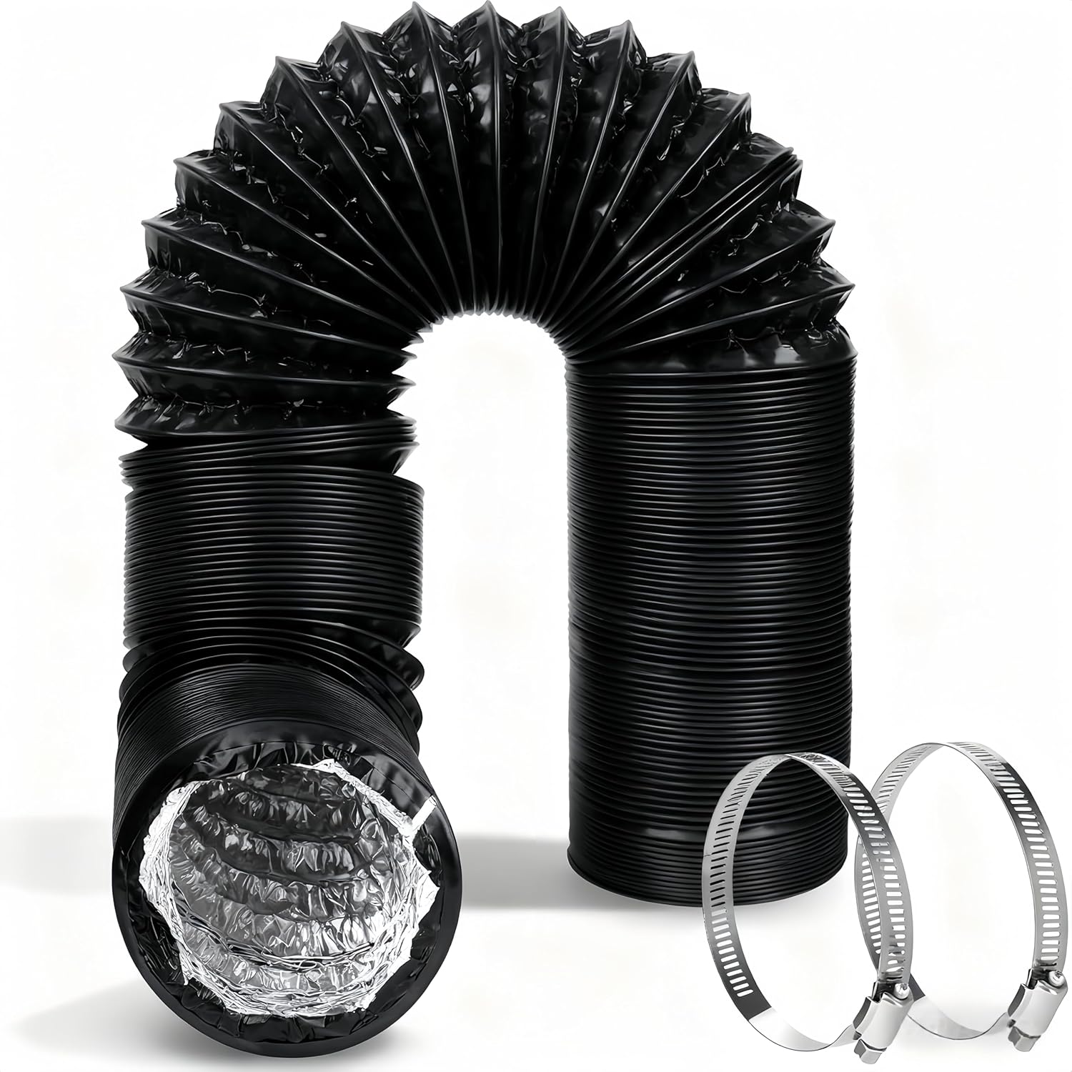 Boat Blower Hose, 4 Inch Marine Exhaust Duct, 16 Ft PVC, with 2 Stainless Steel Clamps, for Bilge, Engine Compartment, Head, Galley, or Dryer Vent，Black