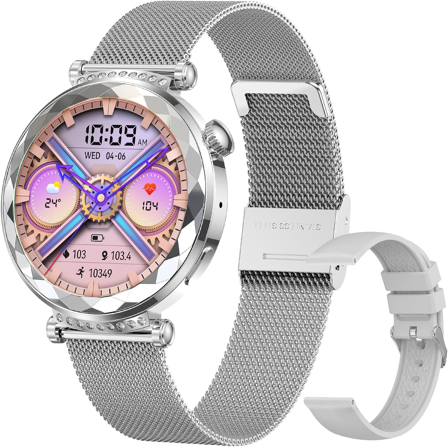 Welfiit Smart Watch for Women, Fitness Tracker for Android/iOS, 1.19″ AMOLED Screen Smartwatches with Female Cycle, Heart Rate, Sleep Monitor, Activity Tracking (2 Watch Bands) (Silver)