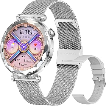 Smart Watch for Women, Fitness Tracker for Android/iOS, 1.19" AMOLED Screen Smartwatches with Female Cycle, Heart Rate, Sleep Monitor, Activity Tracking 2 Watch Bands Silver