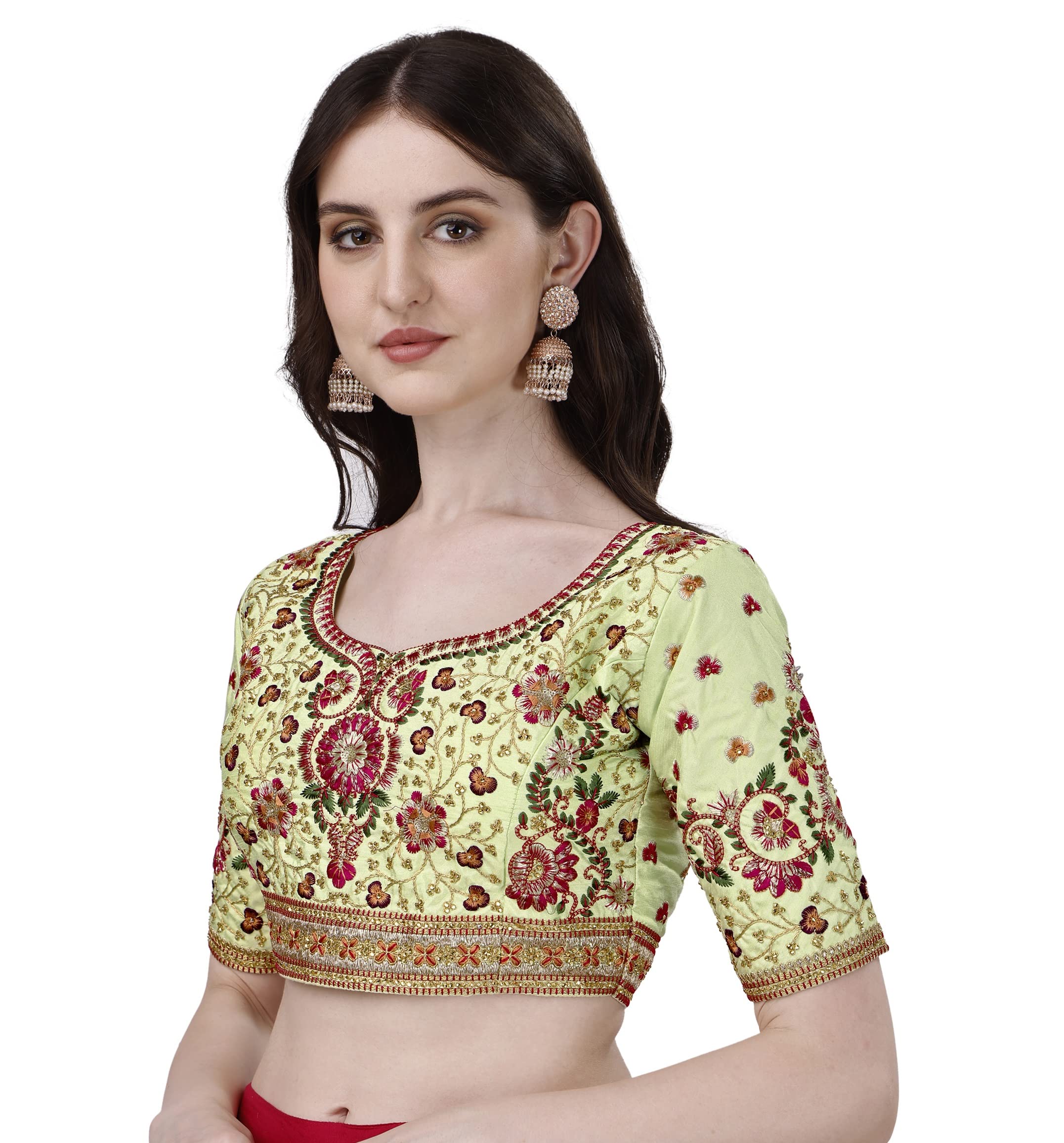 Pujia Mills Women's Heavy Multi Codding Embroidery With Diamond Work Half Sleeve Pista Trendy Blouse(Heer Pista_38)