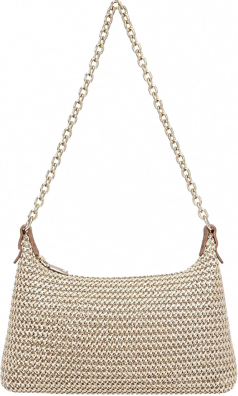 Small Straw Woven Shoulder Purse for Women Summer Beach Crossbody Bag Crescent Hobo Handbags with Chain Strap