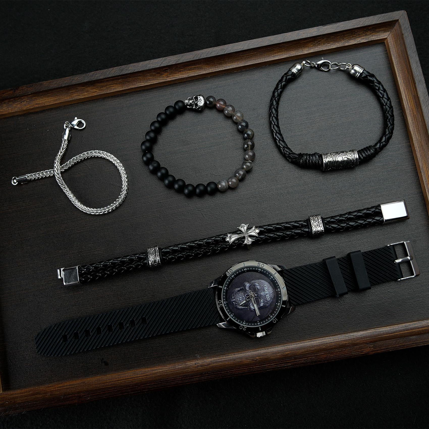 TIME100 Set de Regalo para Hombre, Reloj Hombre con Pulsera, Diseño de Calavera, Correa de Silicona, Elegante Regalo para Navidad y Cumpleaños