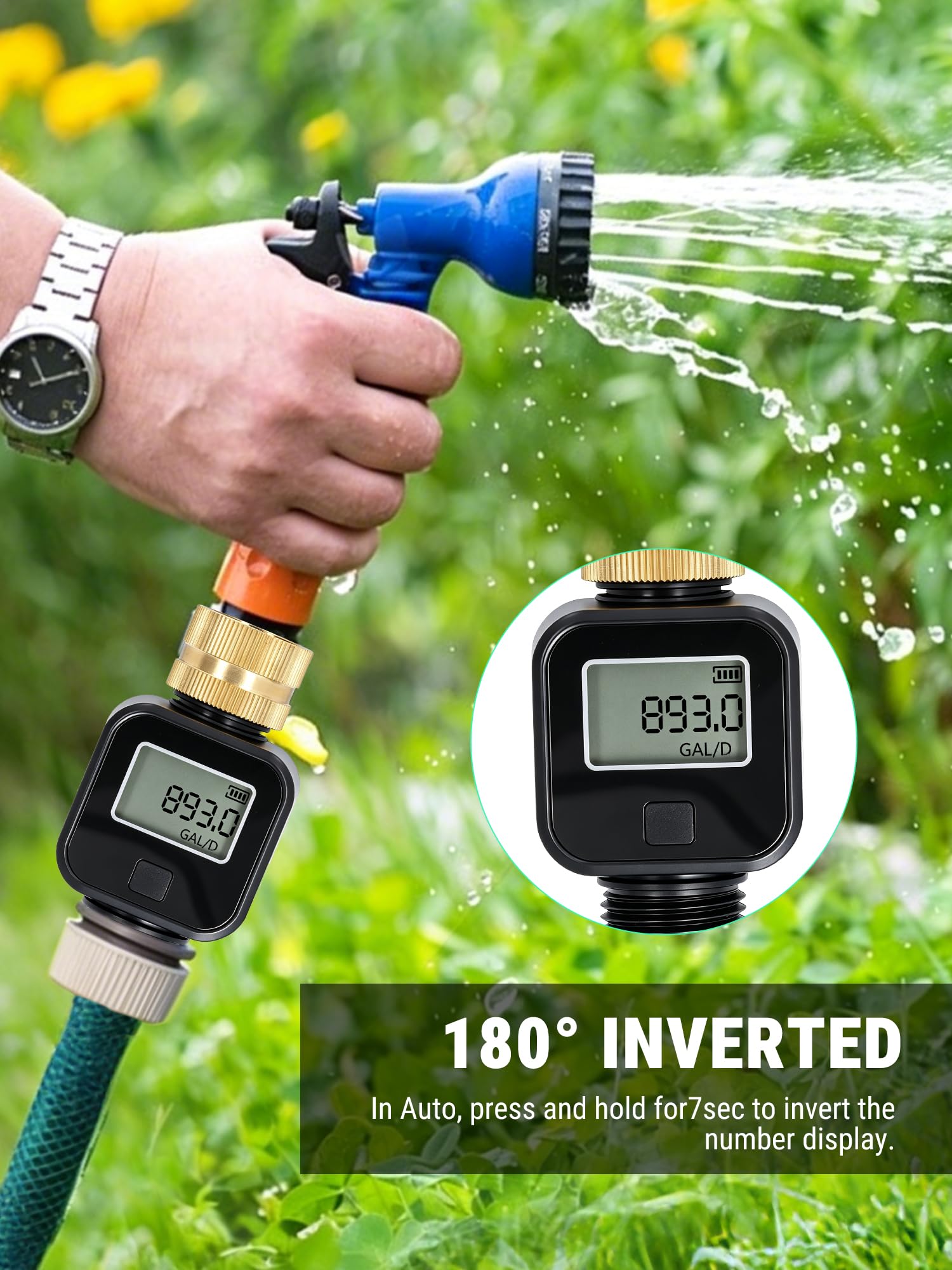 VOBOR Digitaler Wasserzähler 3/4 zoll, 4 Modi zur Kontrolle des Wasserverbrauchs, 180° Drehbarer Praktischer Wasseruhr mit Messing Einlass, Durchflussmesser für Wohnmobile, Gartenschläuche, Sprühdüsen