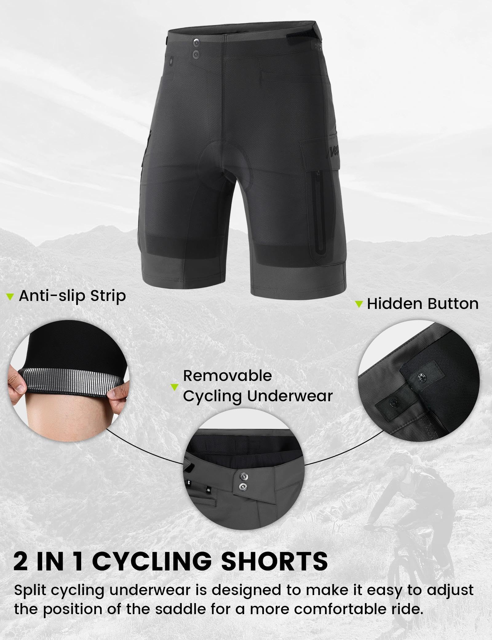 Nepest MTB Hose Herren Kurz 4D Gepolstert, 2-in-1 Abnehmbare Radhose | Fahrradhose Herren Gepolstert, Leicht, Wasserabweisend, 6 Taschen, Atmungsaktiv, Mountainbike Shorts, Radfahren, Trail