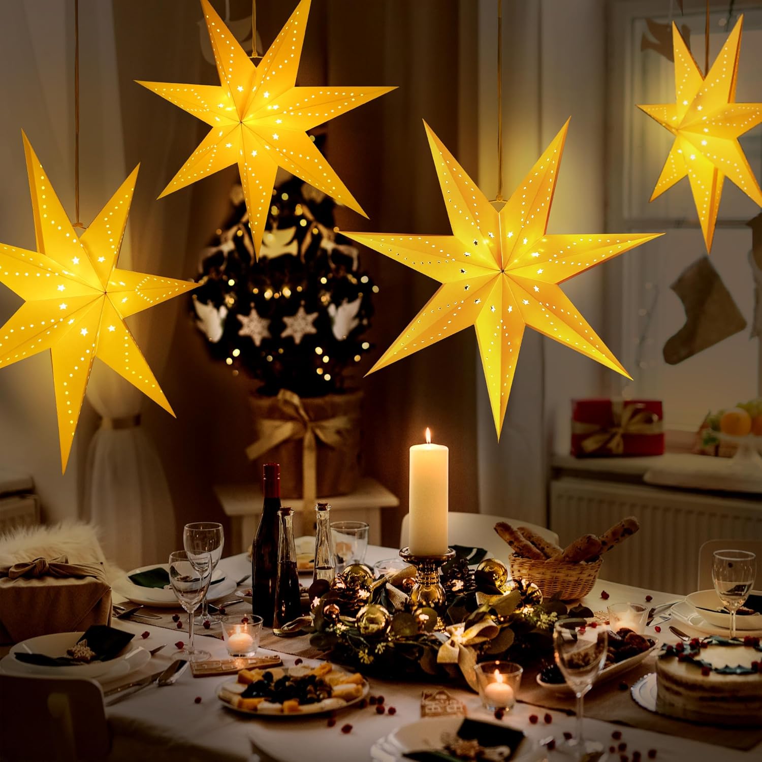 Hiboom 4 Pack Paper Star Lantern 24 Inch, 8 Mode 50 LEDs Firework Fairy String Lights, Seven Pointed Light up Hollow Out Star Hanging Decoration for Indoor Outdoor Room Wedding Christmas Party