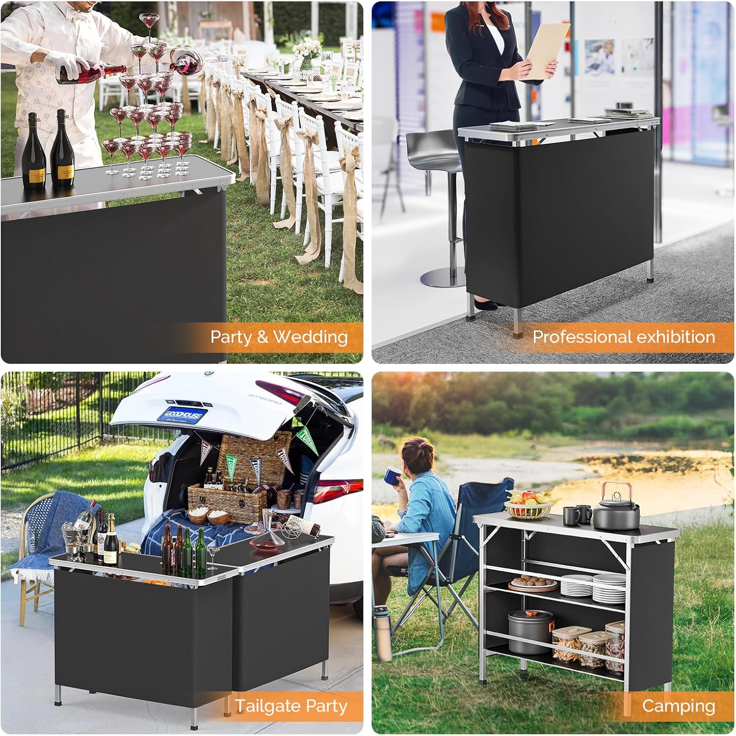 VINGLI 43" Portable Bar Table, 3-Tier Shelves, Mobile Bar Table for Events, Party, Camping, Picnic, Tradeshow, Indoor with Black Skirt(1, 43")