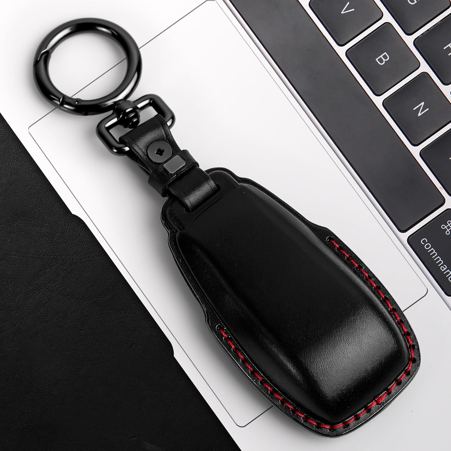 Tukellen for Mercedes Benz key fob cover Genuine Leather with keychain,Leather Protector Key case compatible with 2017-2023 E-Class 2018-2021 S-Class 2019-2023 A-Class C-Class G-Class-Black (Red line)