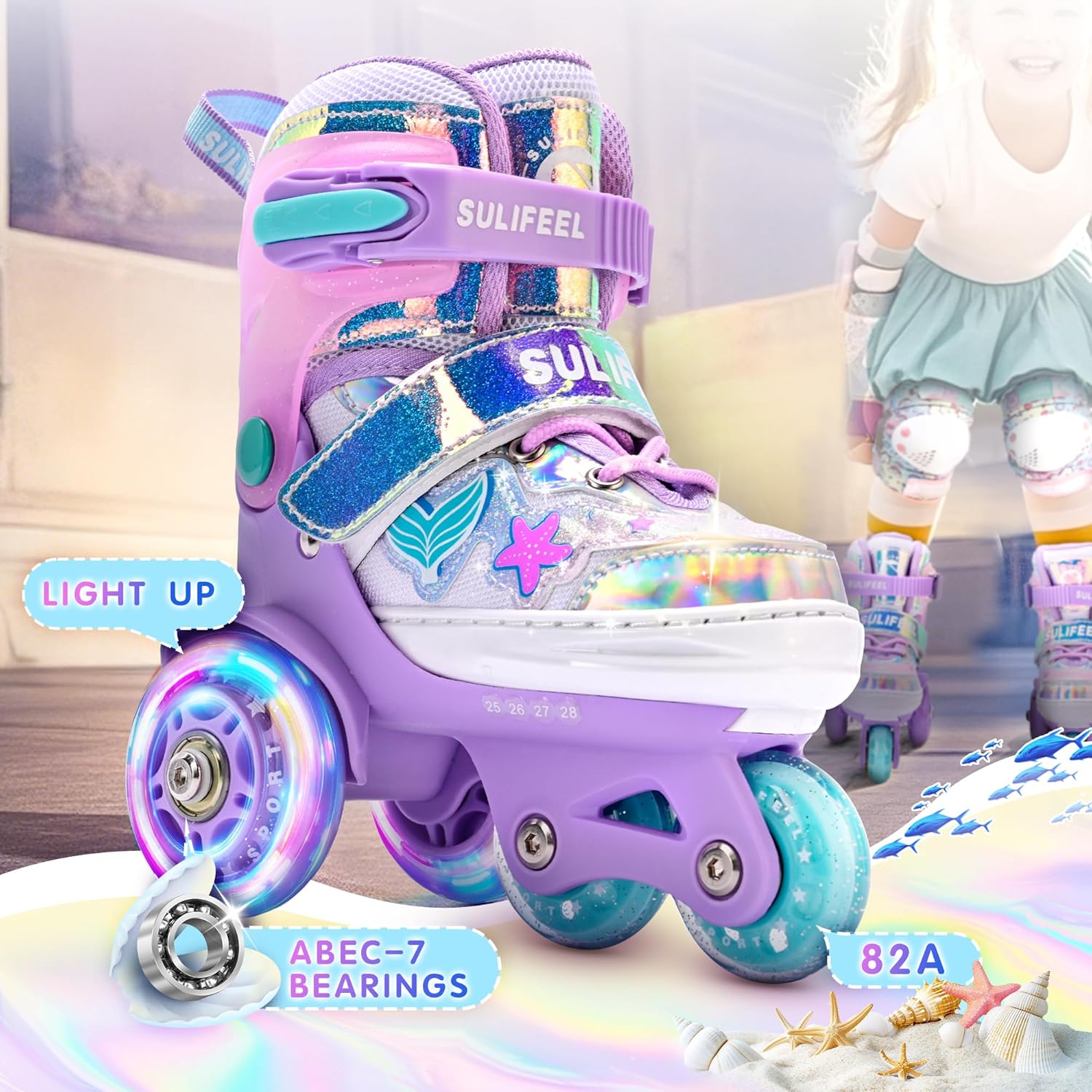 SULIFEEL Shell Purple Roller Skates & Rainbow Unicorn Knee Pads