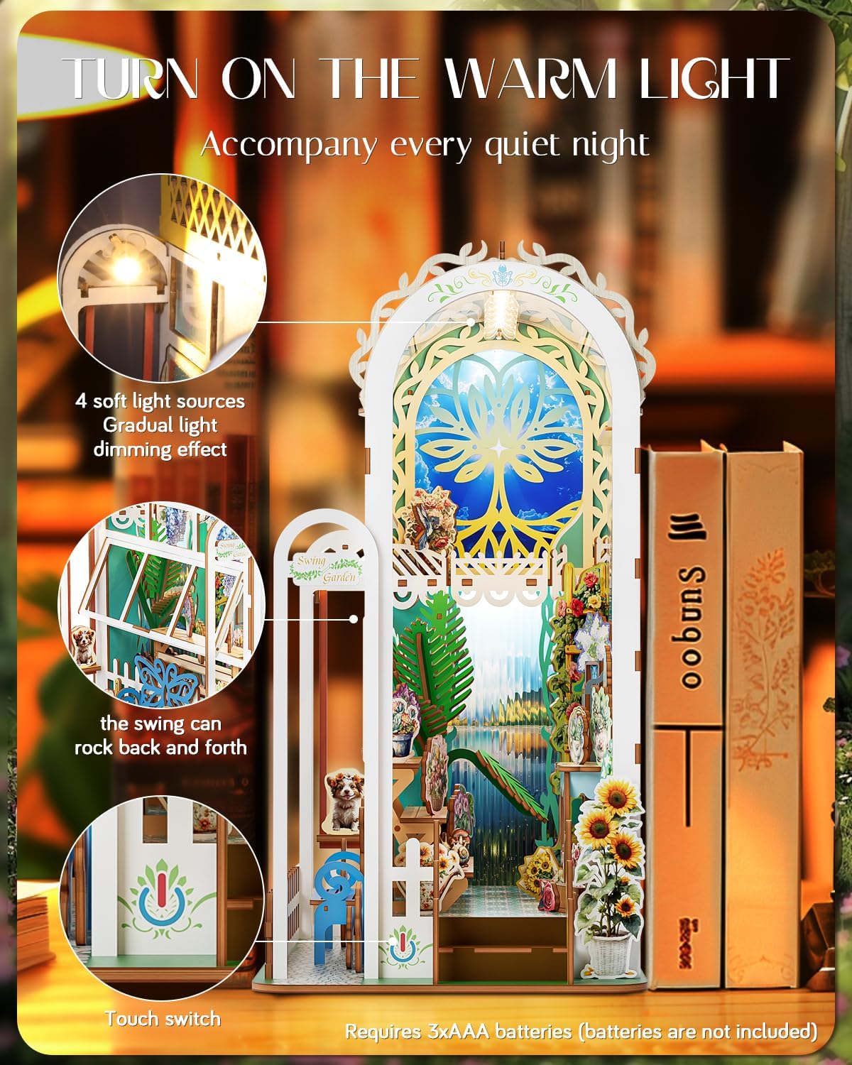 Book Nook Kit, 3D Wooden Puzzles for Adults, DIY Miniature House Kit for Adults, Booknook with LED Light, Gifts for Family, Friends and Book Lovers, Bookshelf Decor(Swing Garden)