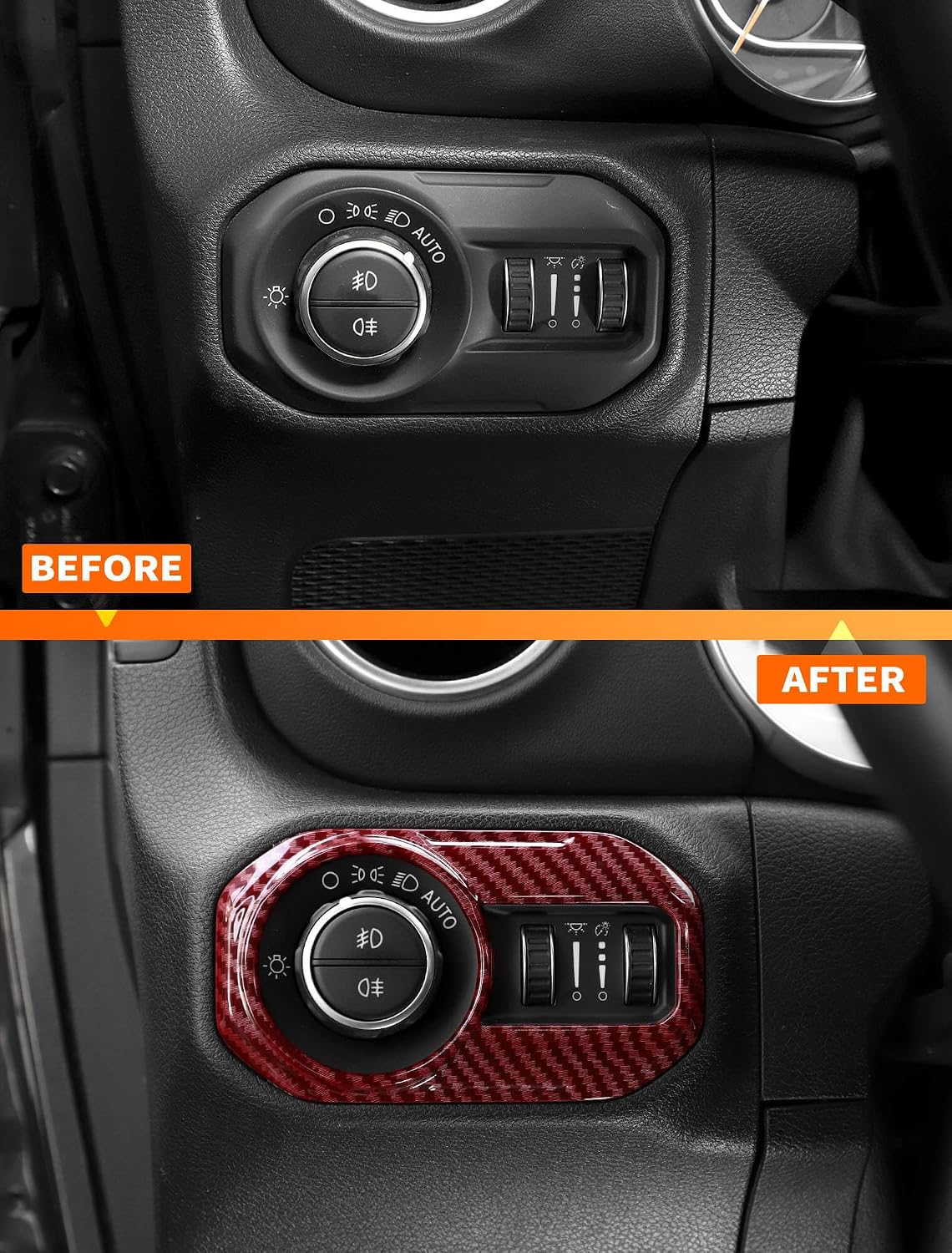 Savadicar Red Carbon Fiber Interior Accessories - Headlight Switch Trim for 2018-Present Jeep Wrangler JL JLU 4XE & Gladiator JT - Premium Texture Interior Decor Upgrade Option, 1-Piece