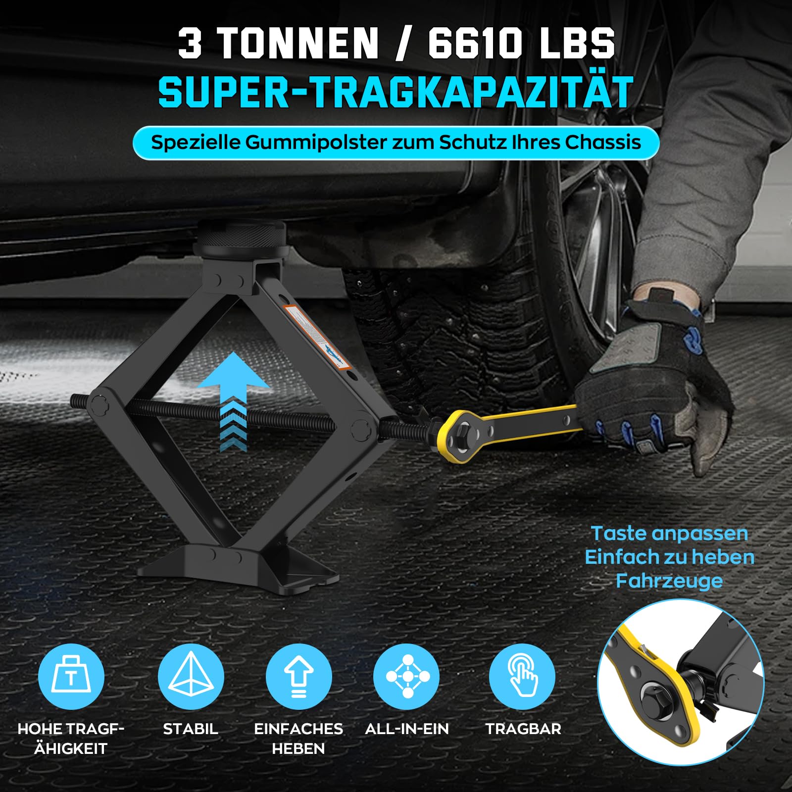 IMAYCC Nuevo Gato para Coche3T/3000kg, Kit de Gato Coche Universal con 2 Piezas Bloque de Goma, Portátil Kit de Emergencia con Llave de Tuercas de Rueda para SUV MPV Tesla