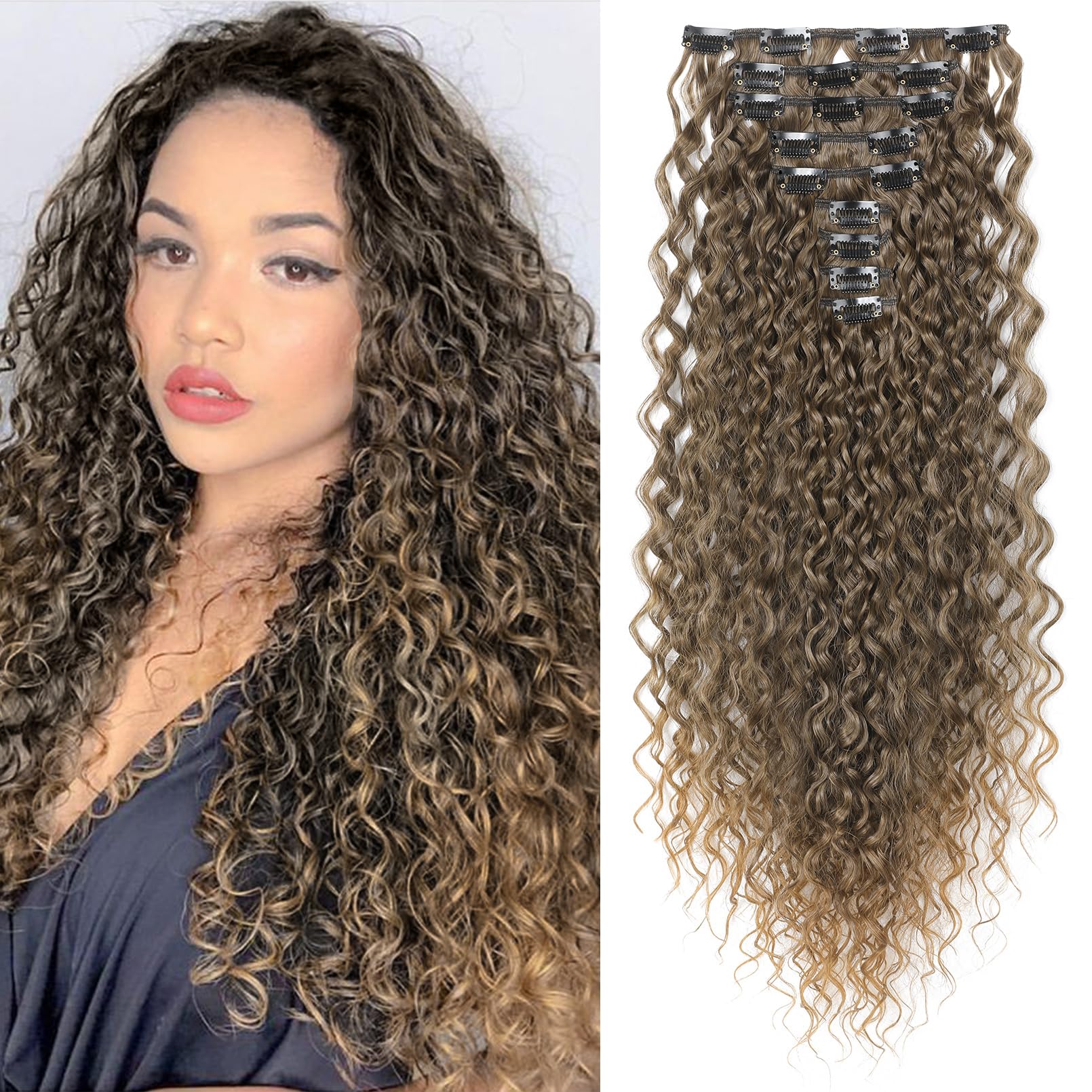 LONAI Hair Extension,9PCS 22" Curly Clip in Hair Extensions LN002 Long Soft Thick Synthetic Hairpieces for Women-Ash Brown to Blonde