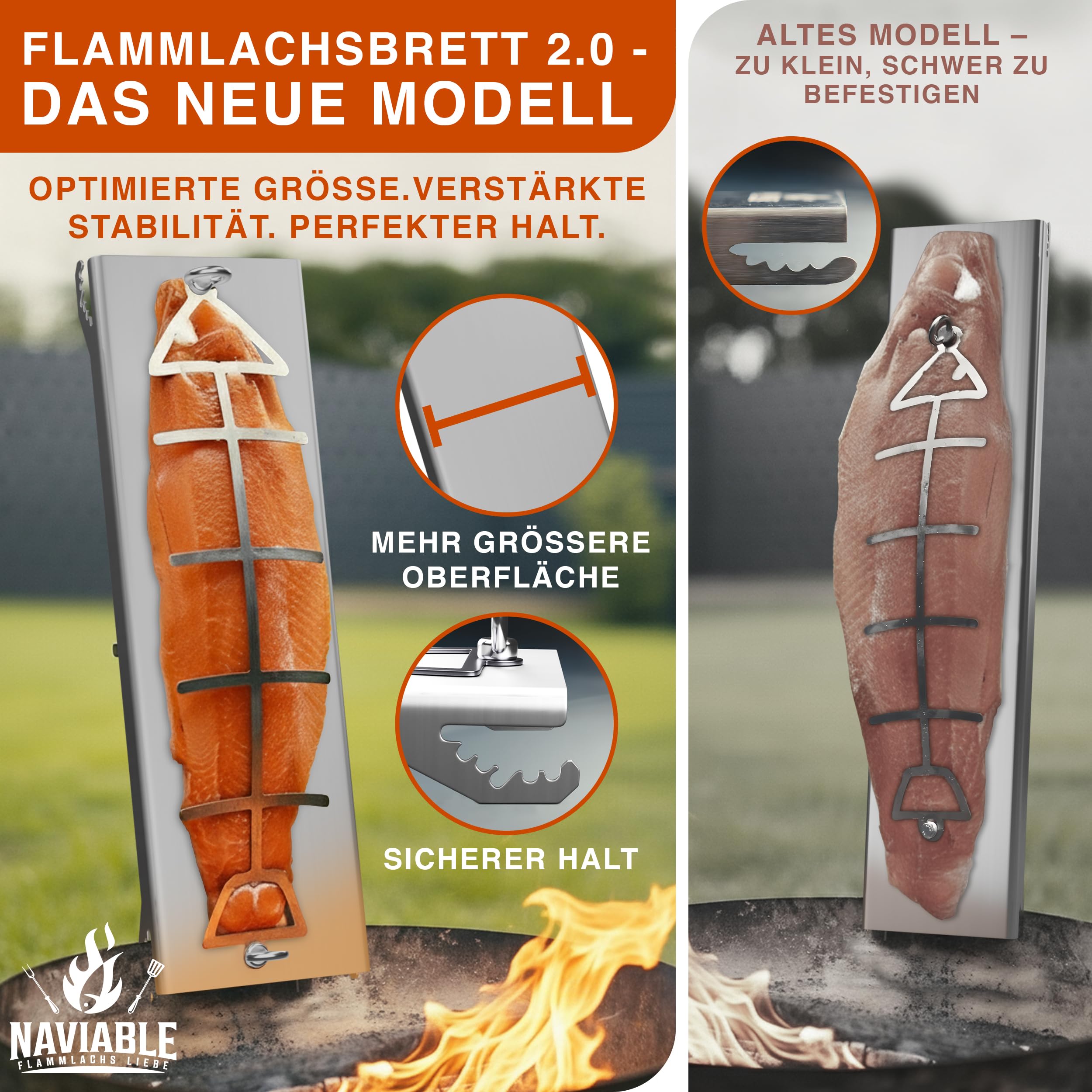 Edelstahl Flammlachshalter für Feuerschalen & Kugelgrills – Testsieger - 5-stufig verstellbares Grillbrett für perfektes Flammlachs und Fisch - Grillen bei Camping & Grillpartys