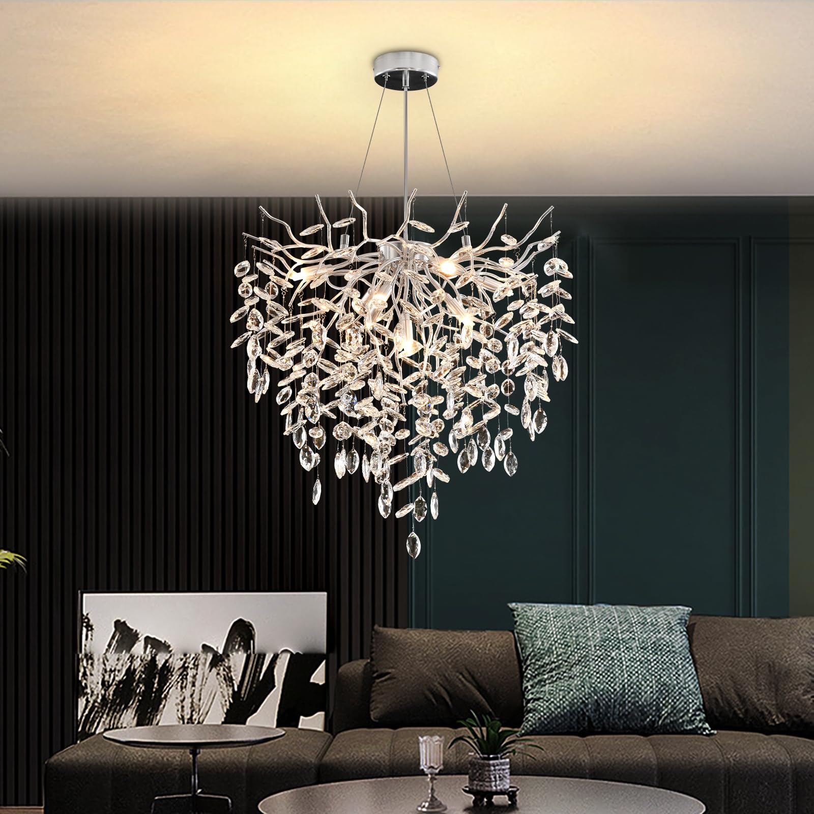 Lusso Lampadario di Cristallo, Argento Lampada a Sospensione di Cristallo a Forma di Ramo d'albero, Lampadario al Cristallo Luce per Sala da Pranzo, Soggiorno, Camera da Letto