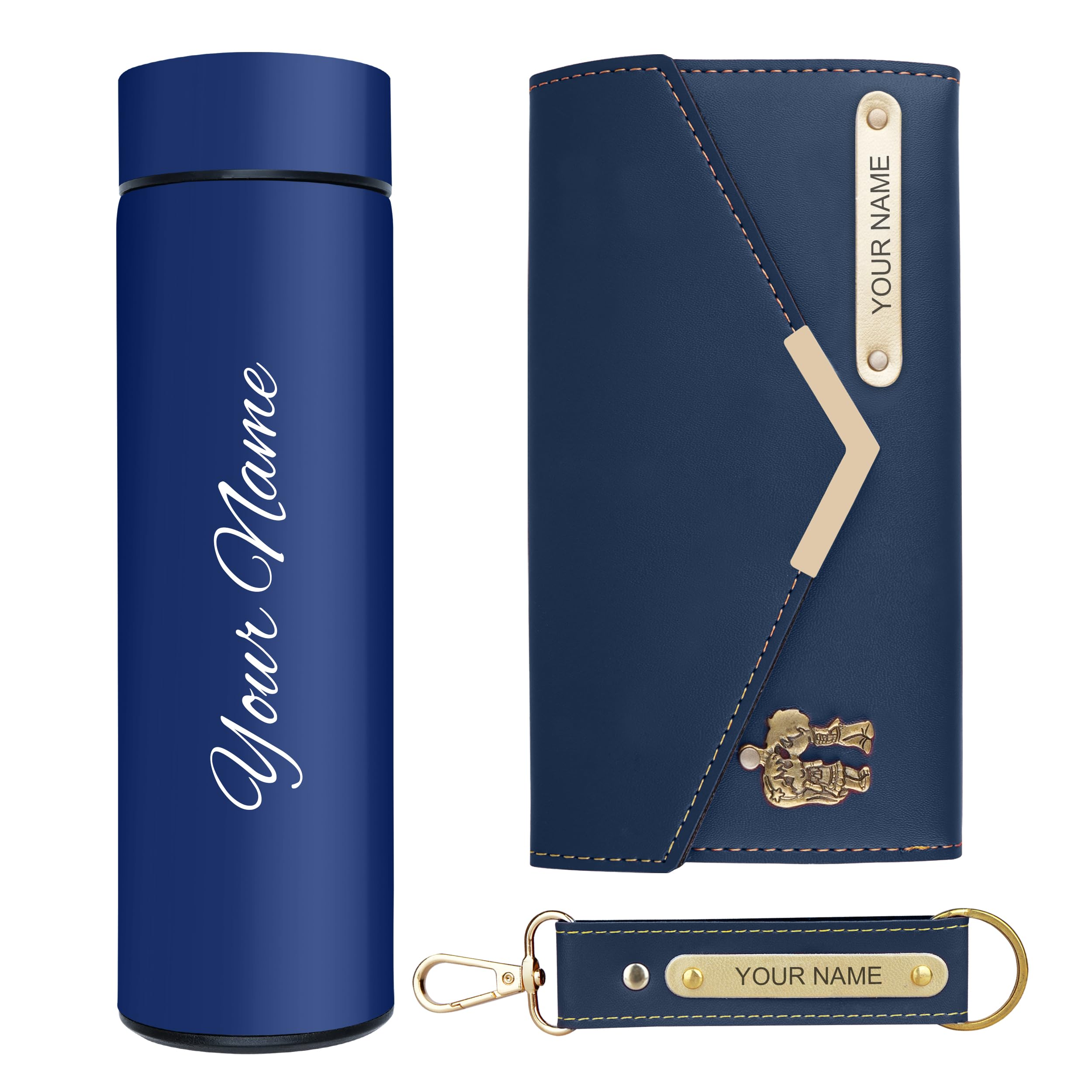Trendy Travels Gift Set for Her Personalized with Name Leather Women's Handbag Clutch with Keychain & Stainless Steel Water Bottle (Blue)-image-22