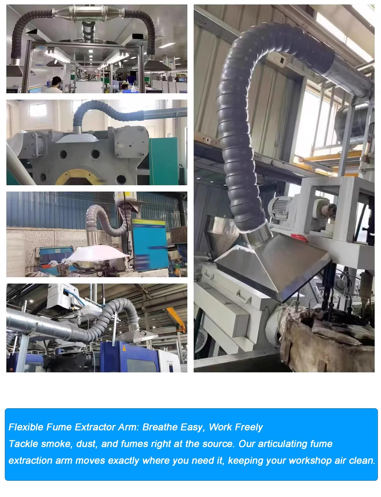 Extractor de humos flexible con brazo articulado y campana | Elimina el humo de soldadura y el polvo en talleres industriales