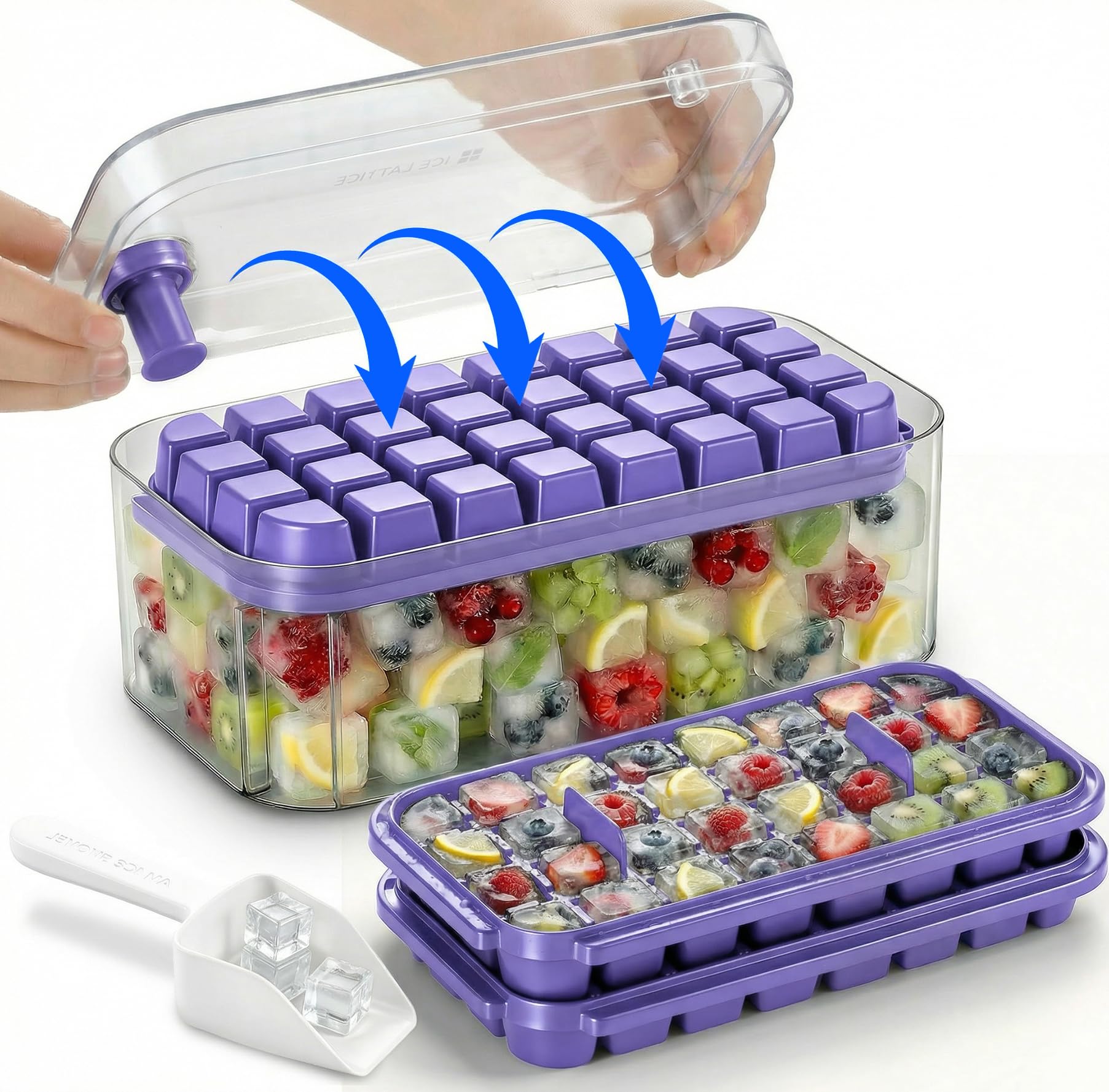 Bac à Glaçons 64 Carrés Qualité Alimentaire Sans BPA Couvercle Libération Rapide Violet