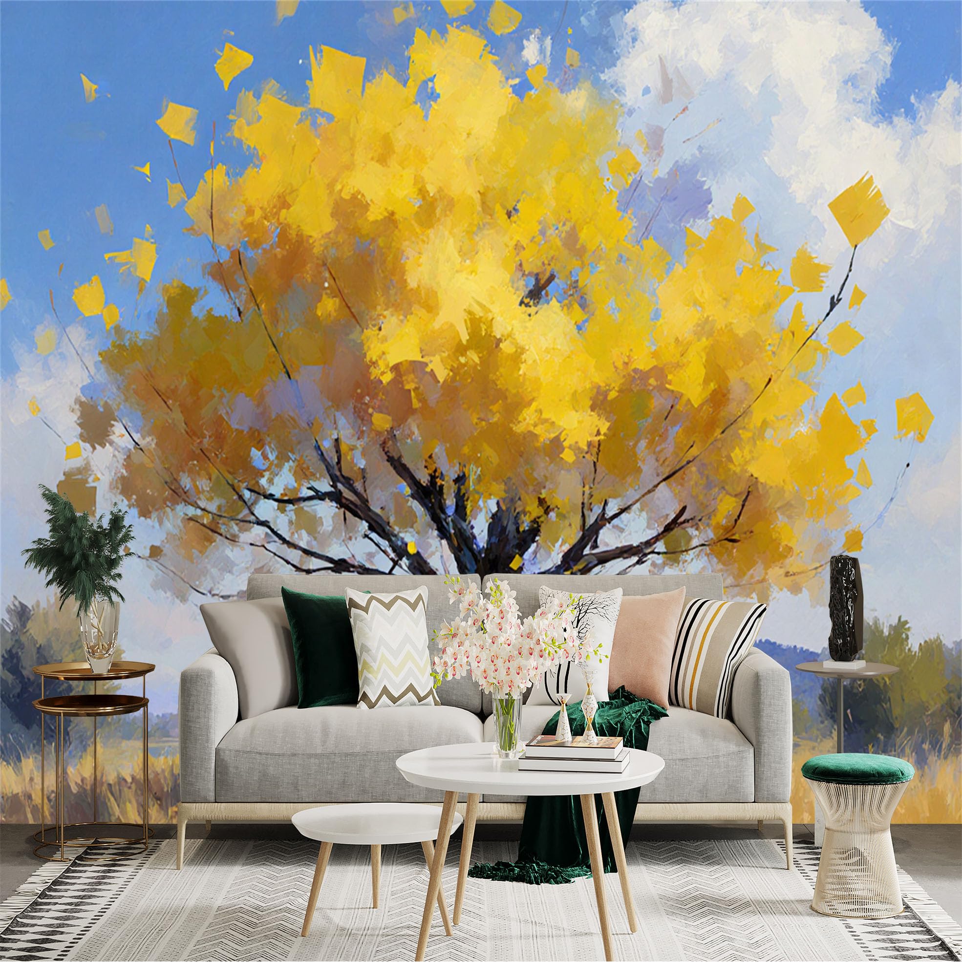 Lnzczhyre Xc260505106 Custom Size Wall Sticker Mural， Impressionist Golden Tree， Vibrant Autumn Foliage， Artistic Landscape Painting， For Wall Decoration， Peelandstick Wall Decals.