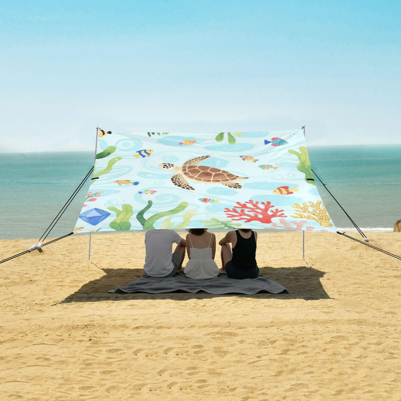 Acquerello Kid Style Tartaruga Animale Pesce Progettato UPF50 Tenda da Spiaggia Resistente all'acqua Portatile Sole Shelter con Tasche di Sabbia per Campeggio, Picnic, Cortile Paraguas para Playa