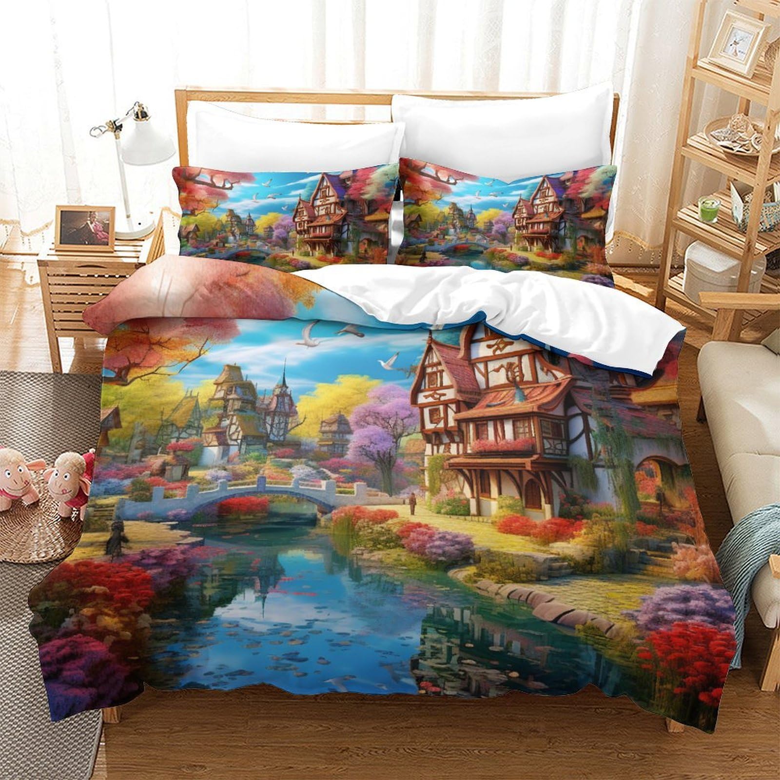 Housse de couette antibactérien chalet de montagne 3D 260x220 pour literie saine