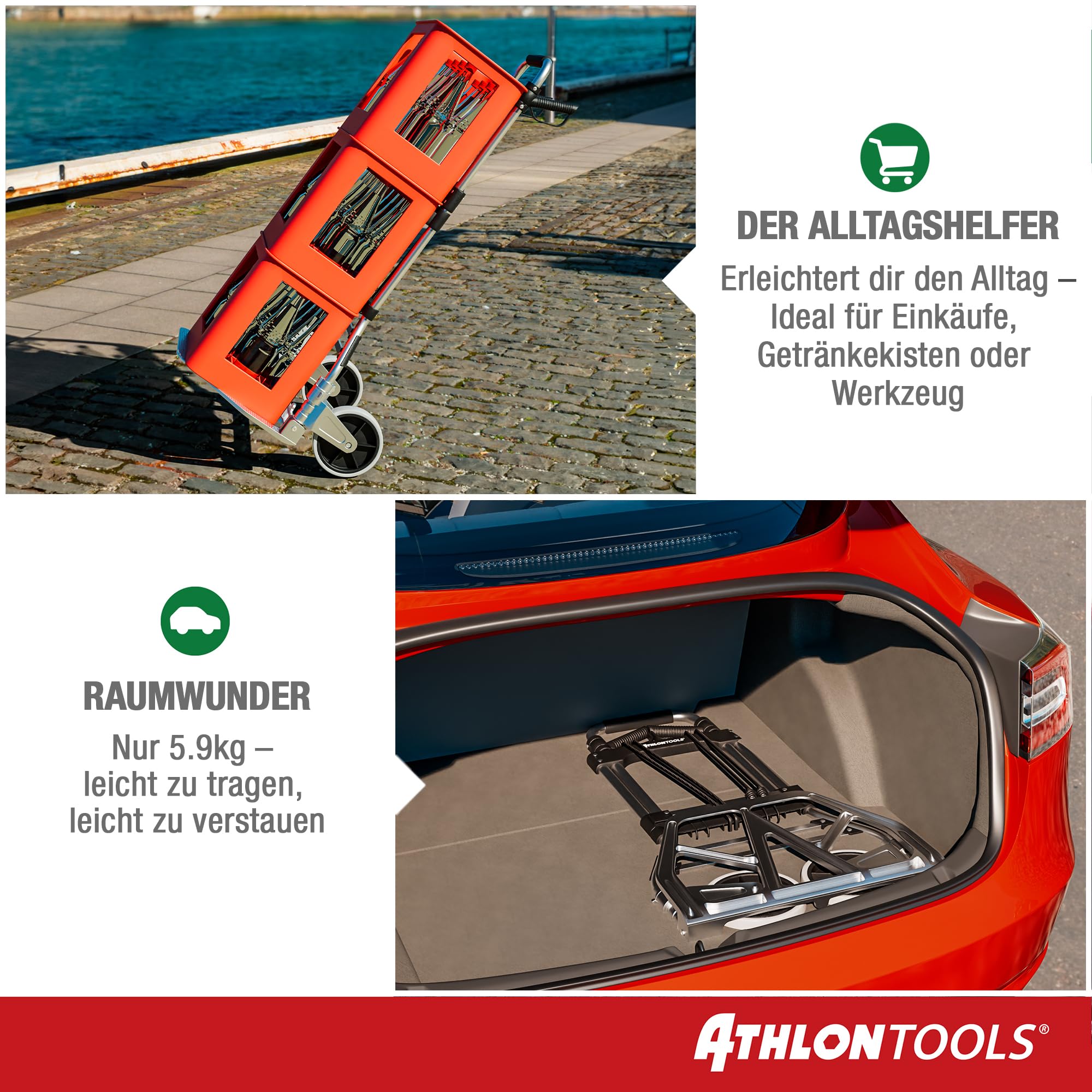 ATHLON TOOLS Schwerlast Sackkarre klappbar 150 kg TÜV GS-geprüft – Langer Teleskopgriff 115 cm, Soft-Laufräder, inkl. 2 Expanderseile - Sackkarre klappbar Alu kompakt & leicht
