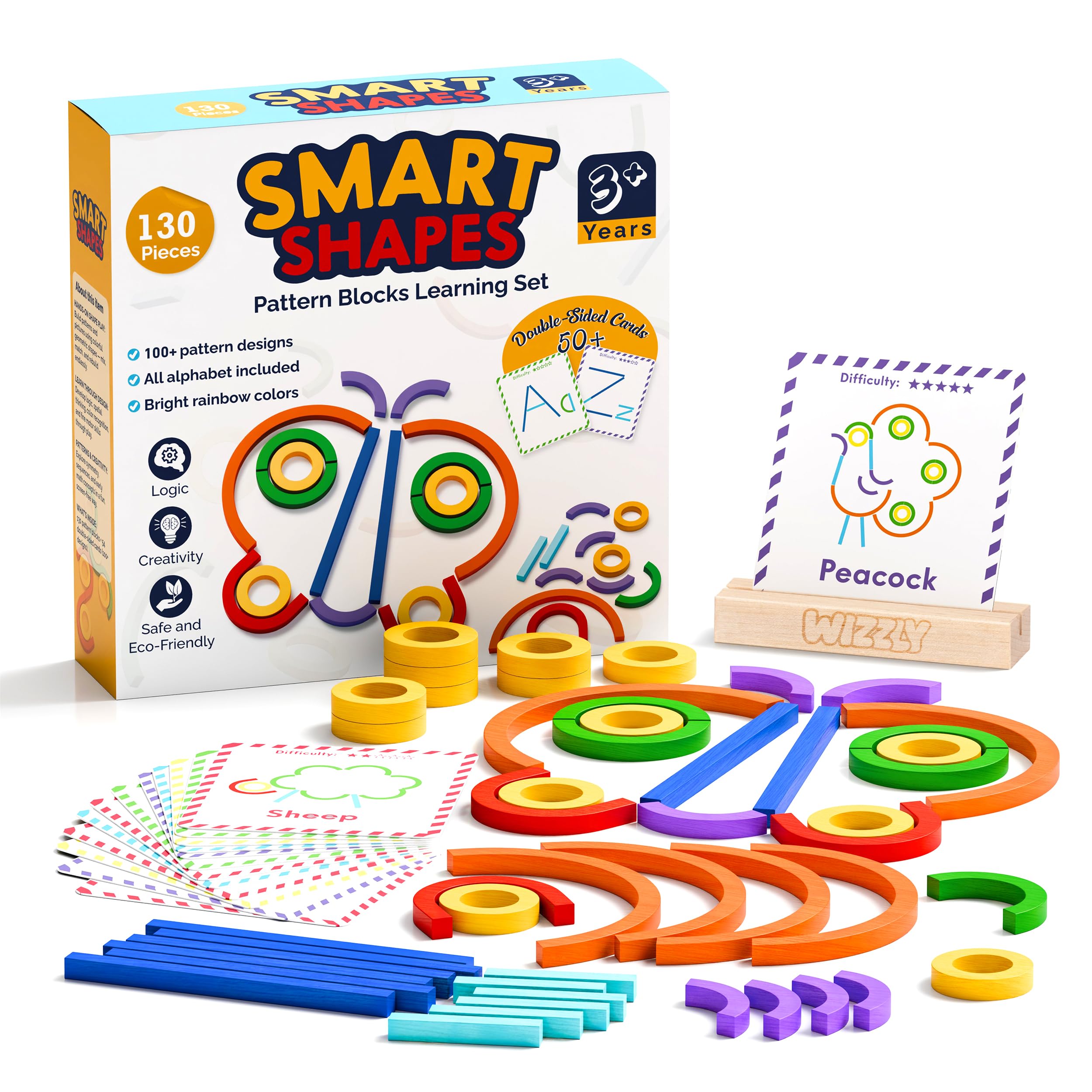 Wooden Montessori Smart Sticks and Rings Puzzle Game for Kids, Wooden Pattern Blocks Learning Set with 130 Wooden Pieces, 50+ Double-Sided Cards, A-Z Alphabet Cards, Fine Motor STEM Toy for Ages 3+