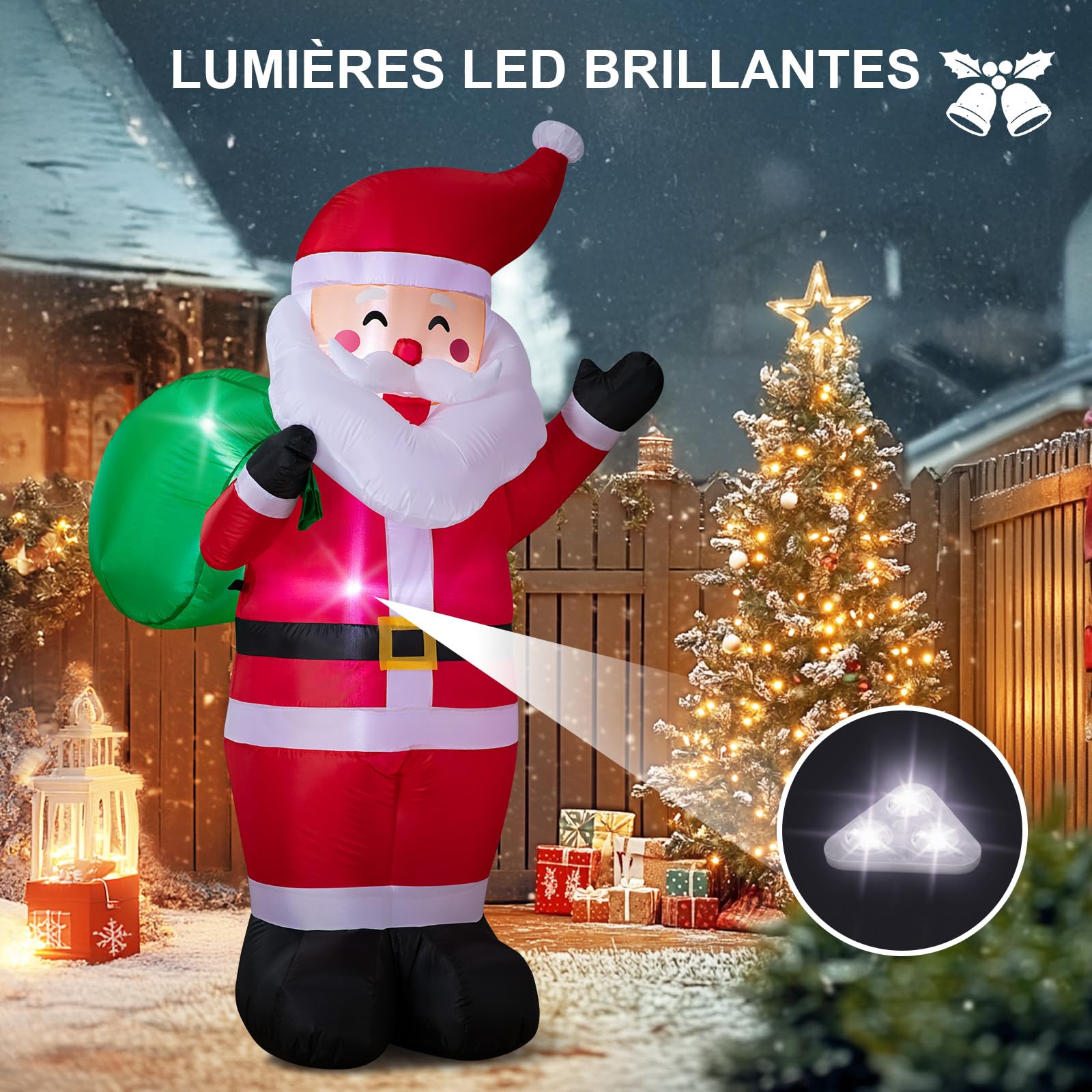 183CM/6FT Père Noël Gonflable avec Lumières LED, Décoration de Jardin, Utilisation Intérieure et Extérieure, Décoration de Noël