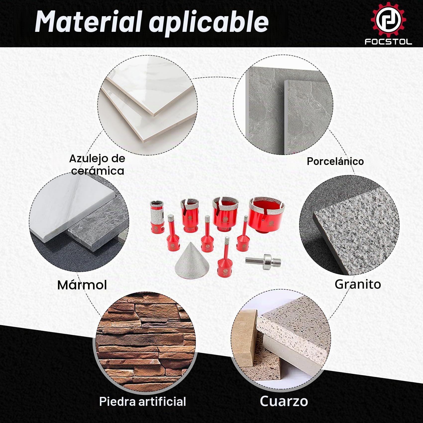 FOCSTOL Brocas diamantadas de gres porcelánico – Puntas de taladro diamantadas para azulejos de cerámica 10 piezas (6/6/8/10/35/50/68 mm + 50 mm brocas para biselar + 25 mm taladro fresa + adaptador)