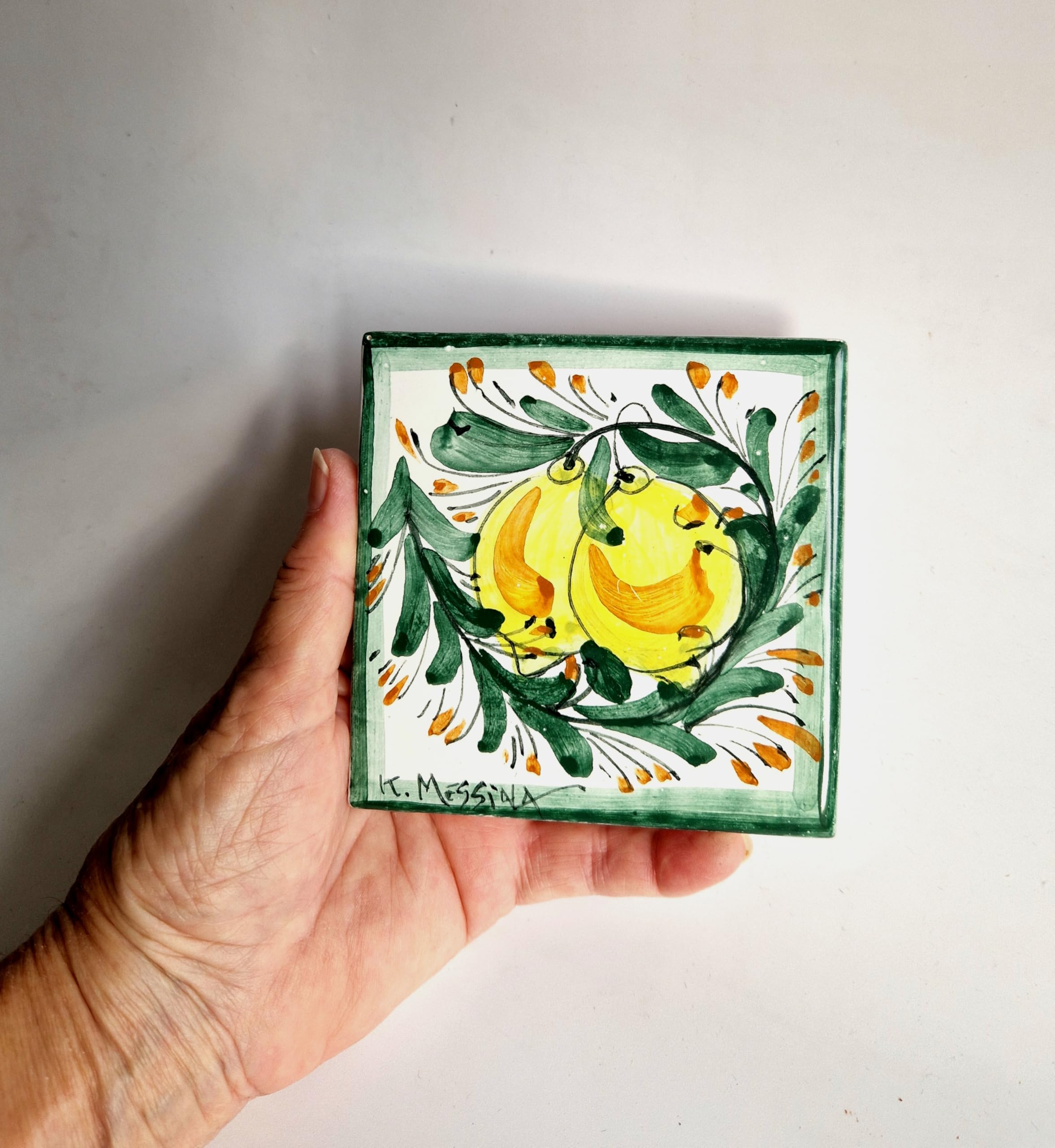 Le Ceramiche di Ketty Messina Mattonella 10 x 10 di Ceramica Siciliana Dipinta a Mano con Limoni Piastrella