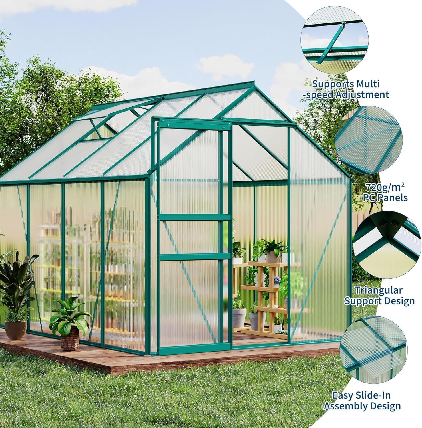 Heavy Duty Polycarbonate Greenhouse for Outdoors – 6x8FT Walk-in Aluminum Frame, Sliding Lockable Door, Roof Vent, Rain Gutter, Weather-Resistant for Garden, Patio, Backyard – 8-Green Spray