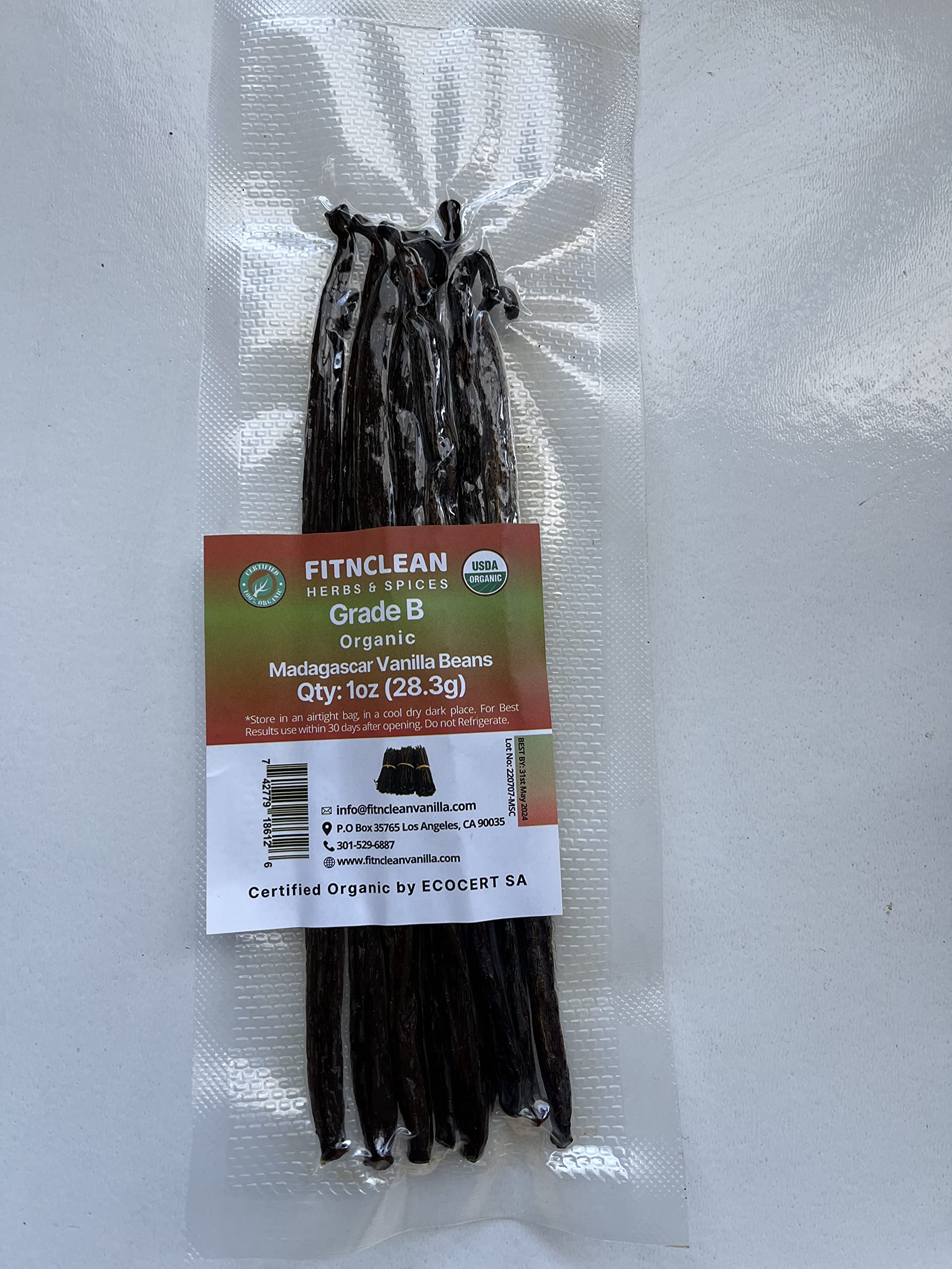 1oz Madagascar Vanilla Beans Grade B. Certified USDA Organic for extract, Cooking and Paste 5"-7" by FITNCLEAN VANILLA| Whole NON-GMO PodsUSDA Organic