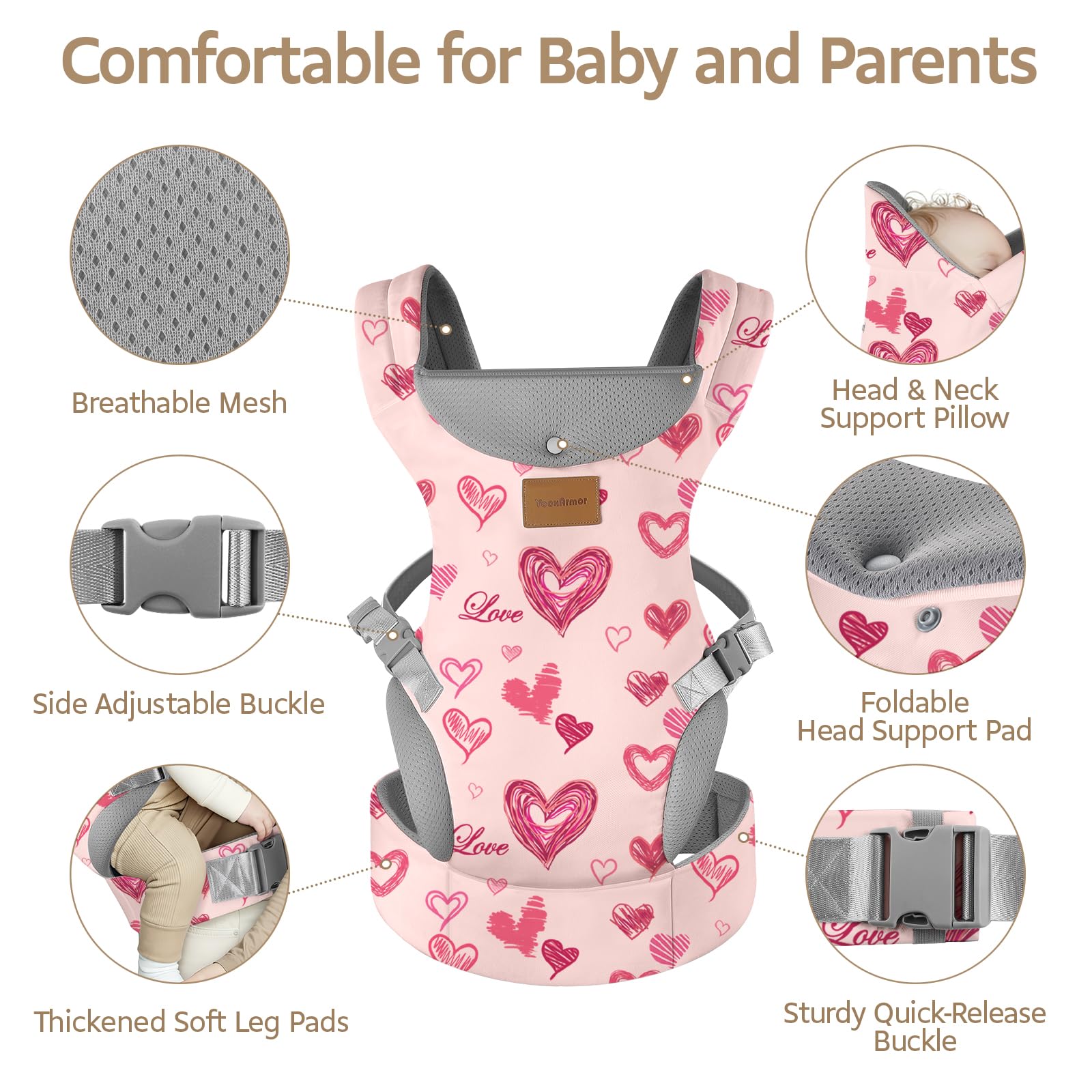 YooxAromr Marsupio Neonato,Ergonomico Regolabile Marsupio per Neonati 3-36 Mesi(3-30kg),Confortevole Fascia Neonato con Poggia Testa,Rosa