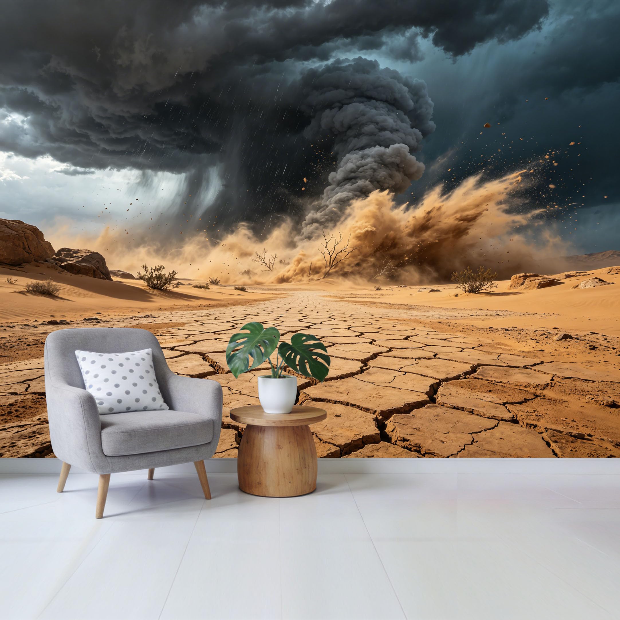 Custom Size Wall Mural Dramatic Desert Storm Landscape Cracked Earth Sandstorm Sky Texture Removable Self Adhesive Fabric Home Wall Decor for Living Room Bedroom Bathroom