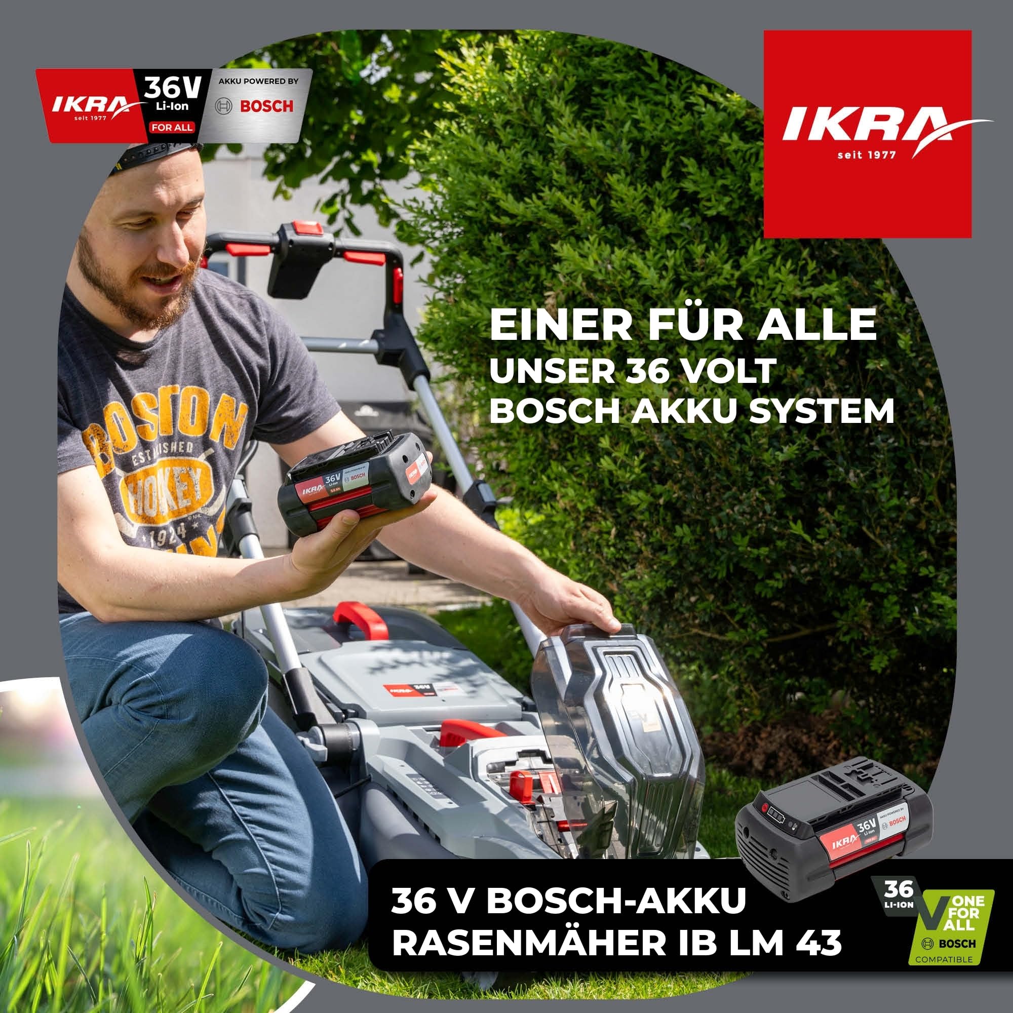 IKRA Rasenmäher IB-LM 43, 3in1, Breite 43cm, ohne 36V Akku & Ladegerät | Kompatibel mit Bosch, Rasenflächen bis 600m², Schnitthöhe 30-75mm, Fangkorb 52l, Batterieladeanzeige am Griff, inkl. Mulchkit