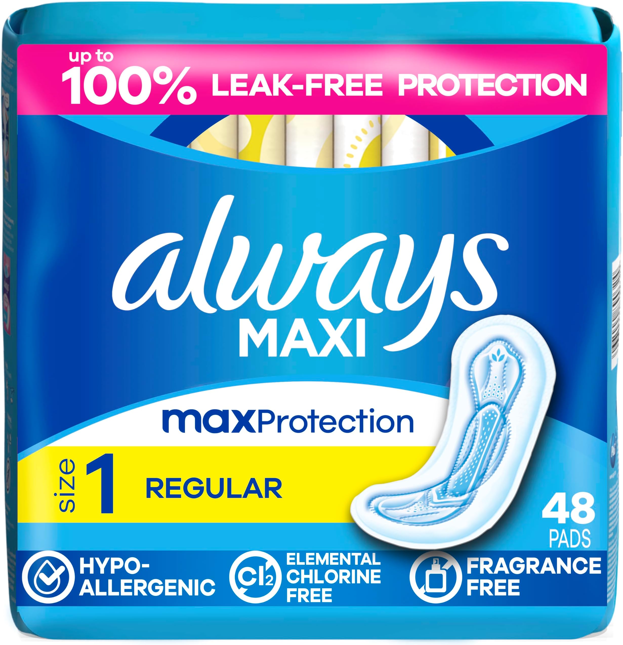 Maxi Feminine Pads Without Wings for Women, Size 1, Regular Absorbency, Unscented 48 Count
